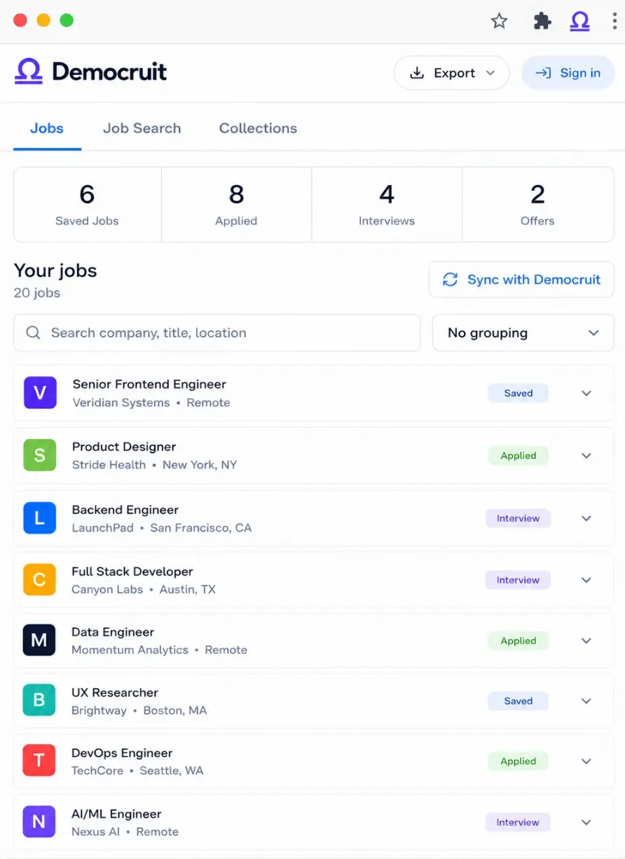 Job Tracker by Democruit showing a searchable list of saved jobs