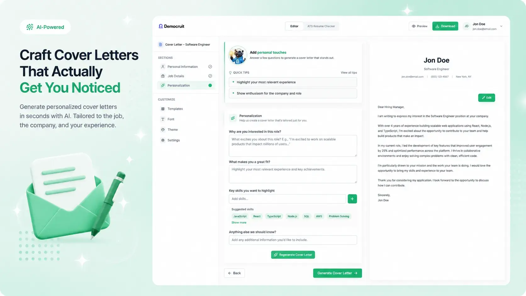 Screenshot des Cover Letter Generators