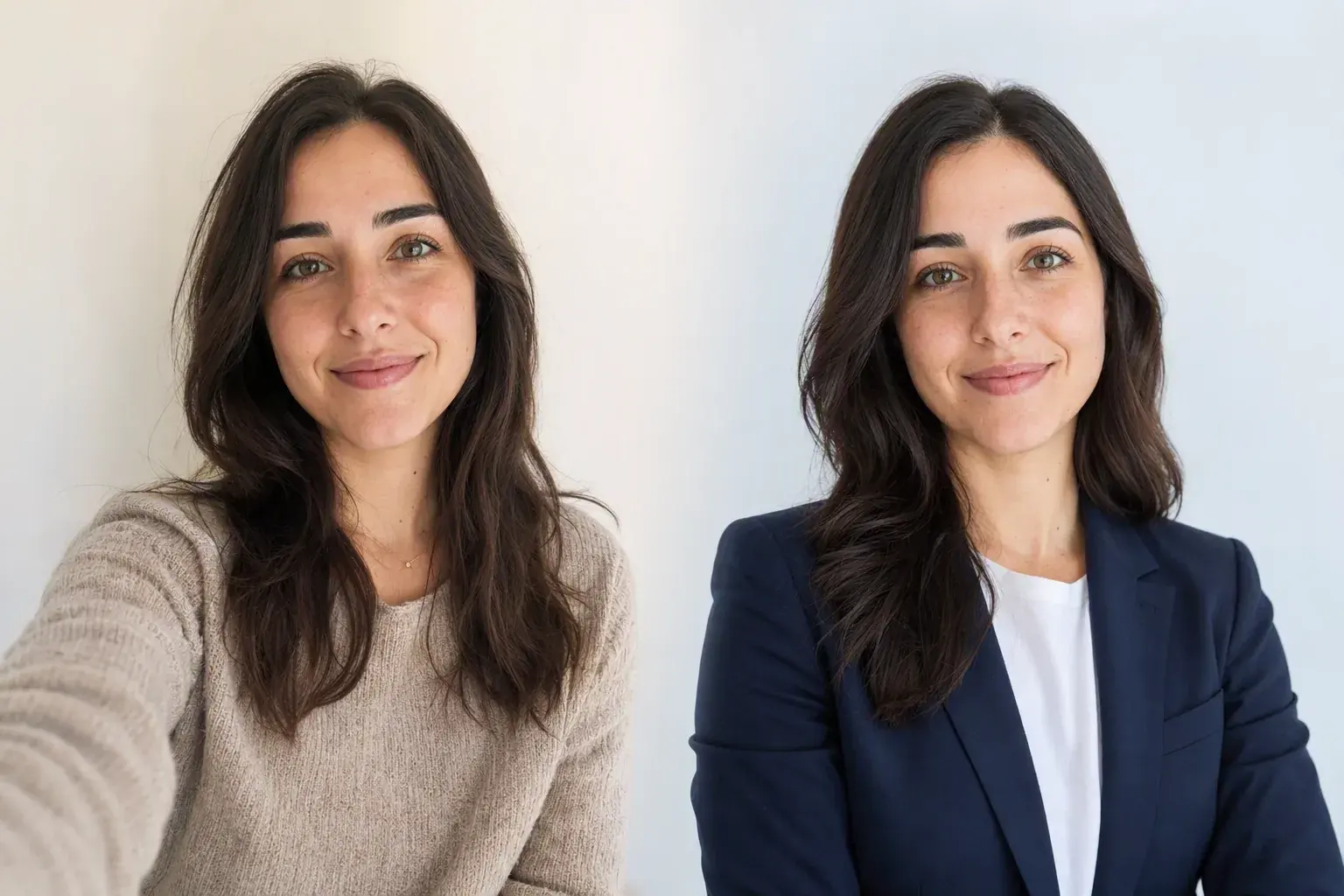 The same professional shown in a casual original photo and a polished business headshot