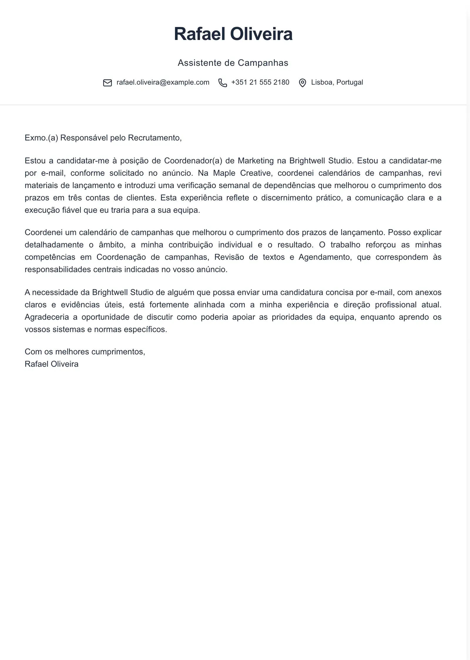 Use este modelo para uma candidatura por email