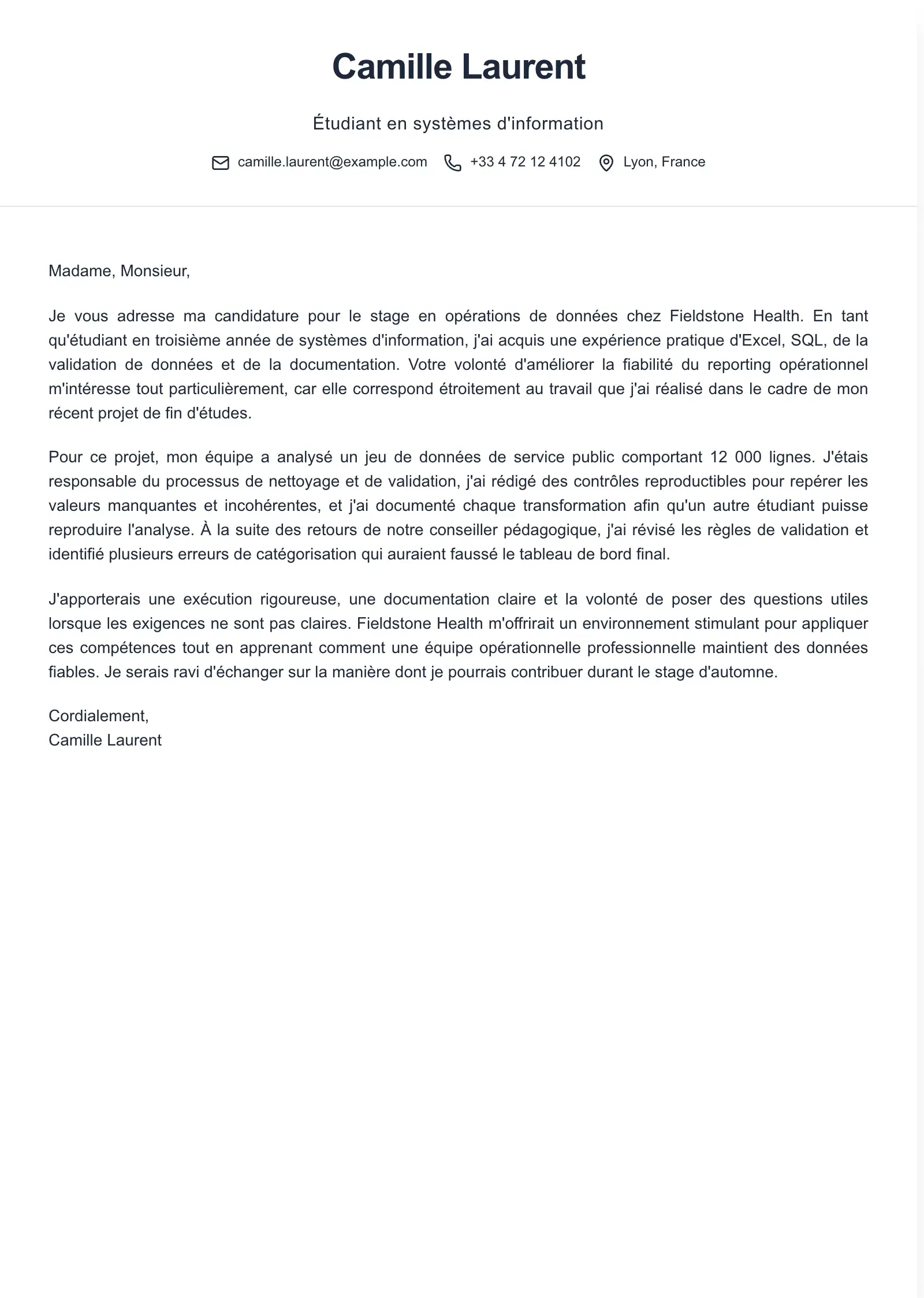 Utilisez ce modèle pour une candidature de stage