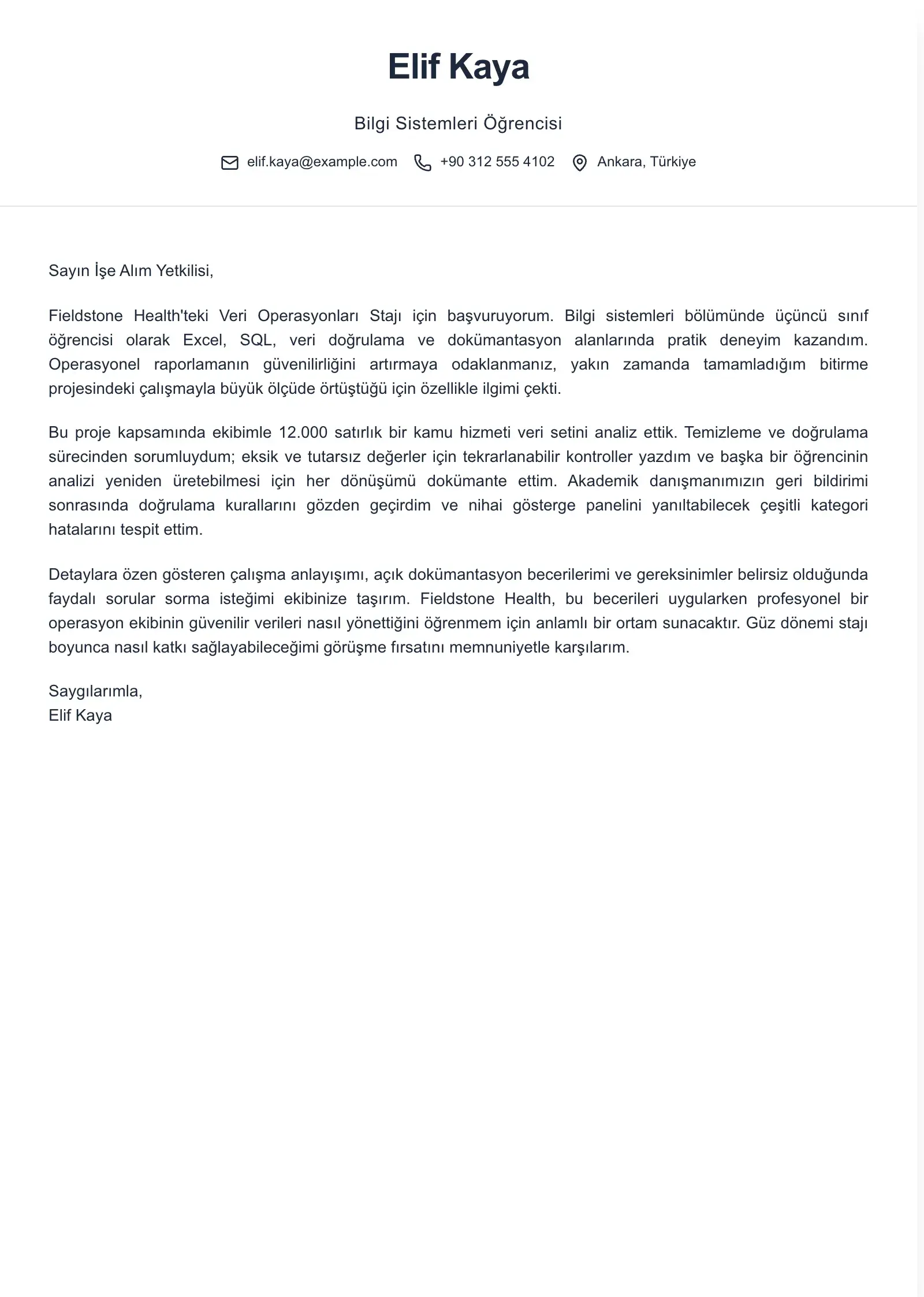 Bu şablonu staj başvurunuz için kullanın
