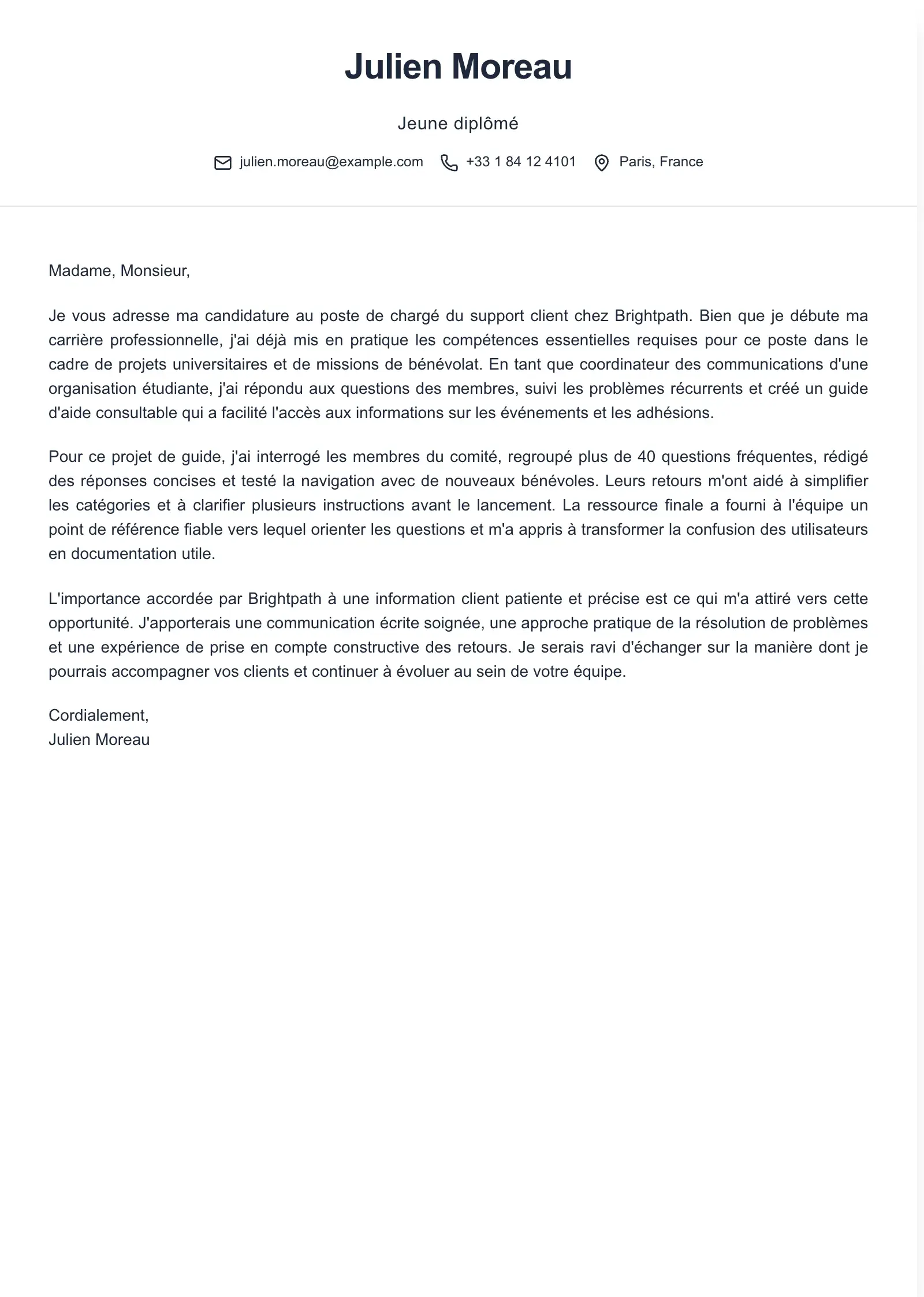 Utilisez ce modèle pour une lettre de motivation pour un premier emploi