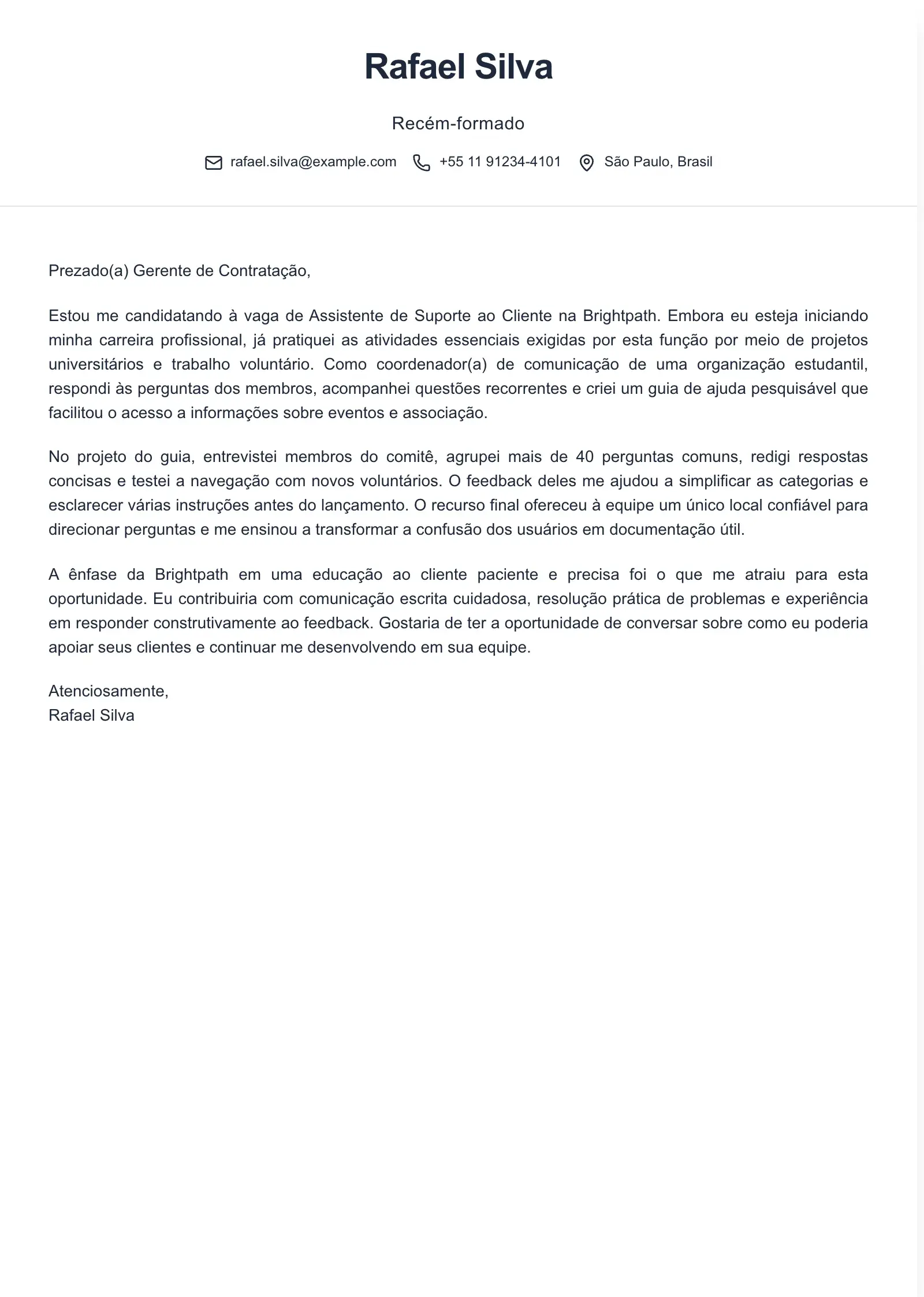 Use este modelo para uma carta de apresentação para o primeiro emprego