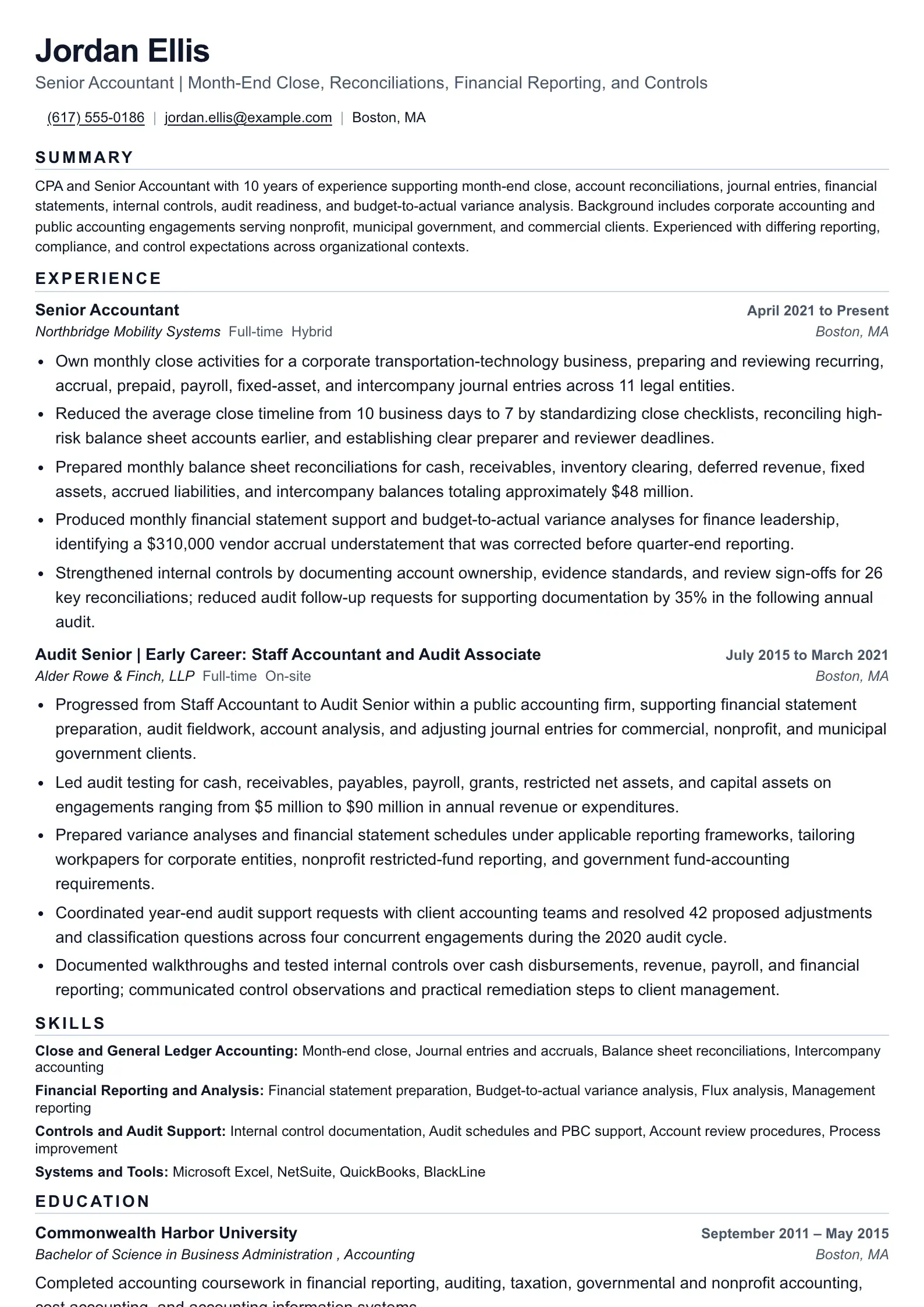 Accountant Resume for Close and Reporting Work
