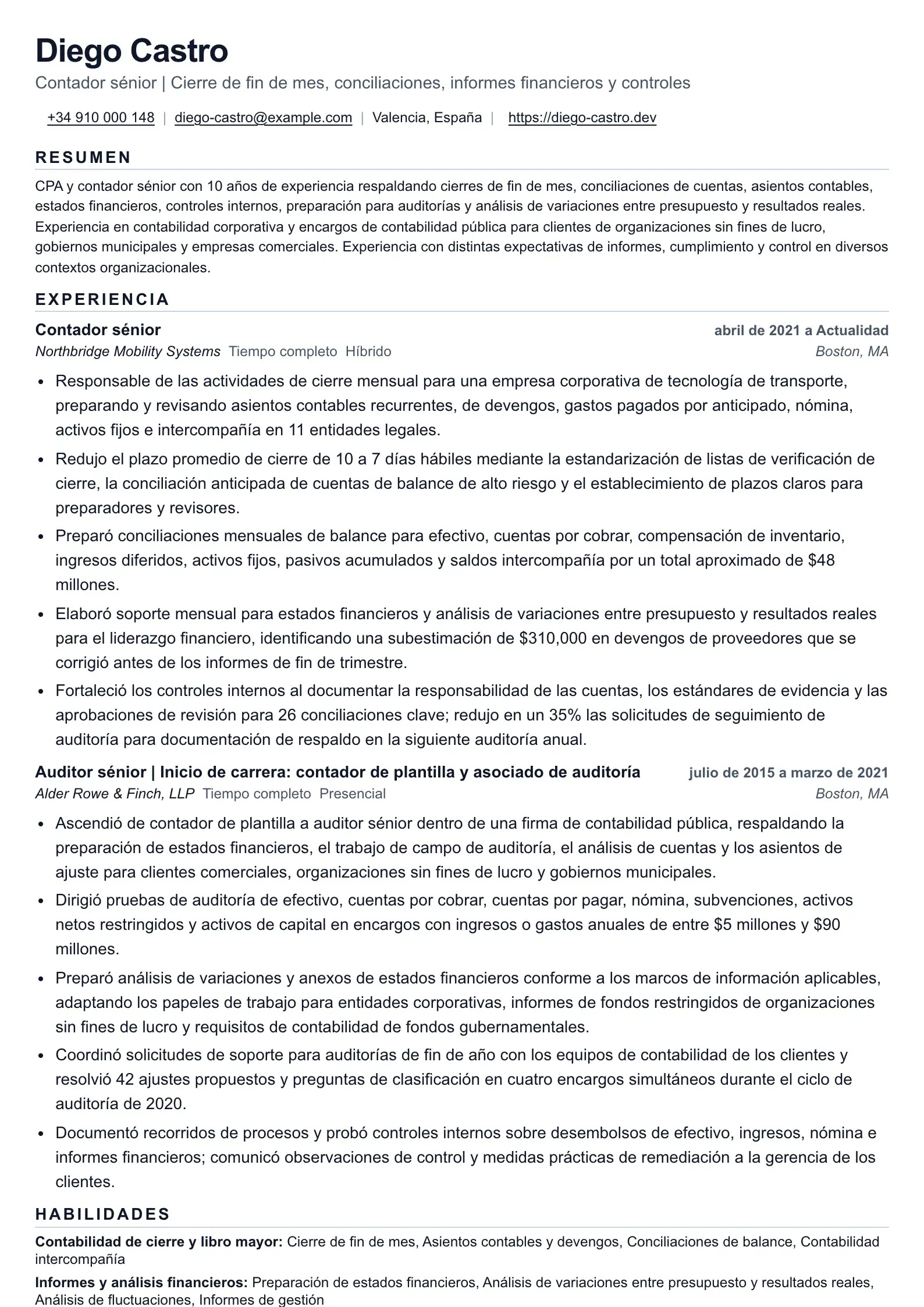 Currículum de Contador para trabajo de cierre e informes
