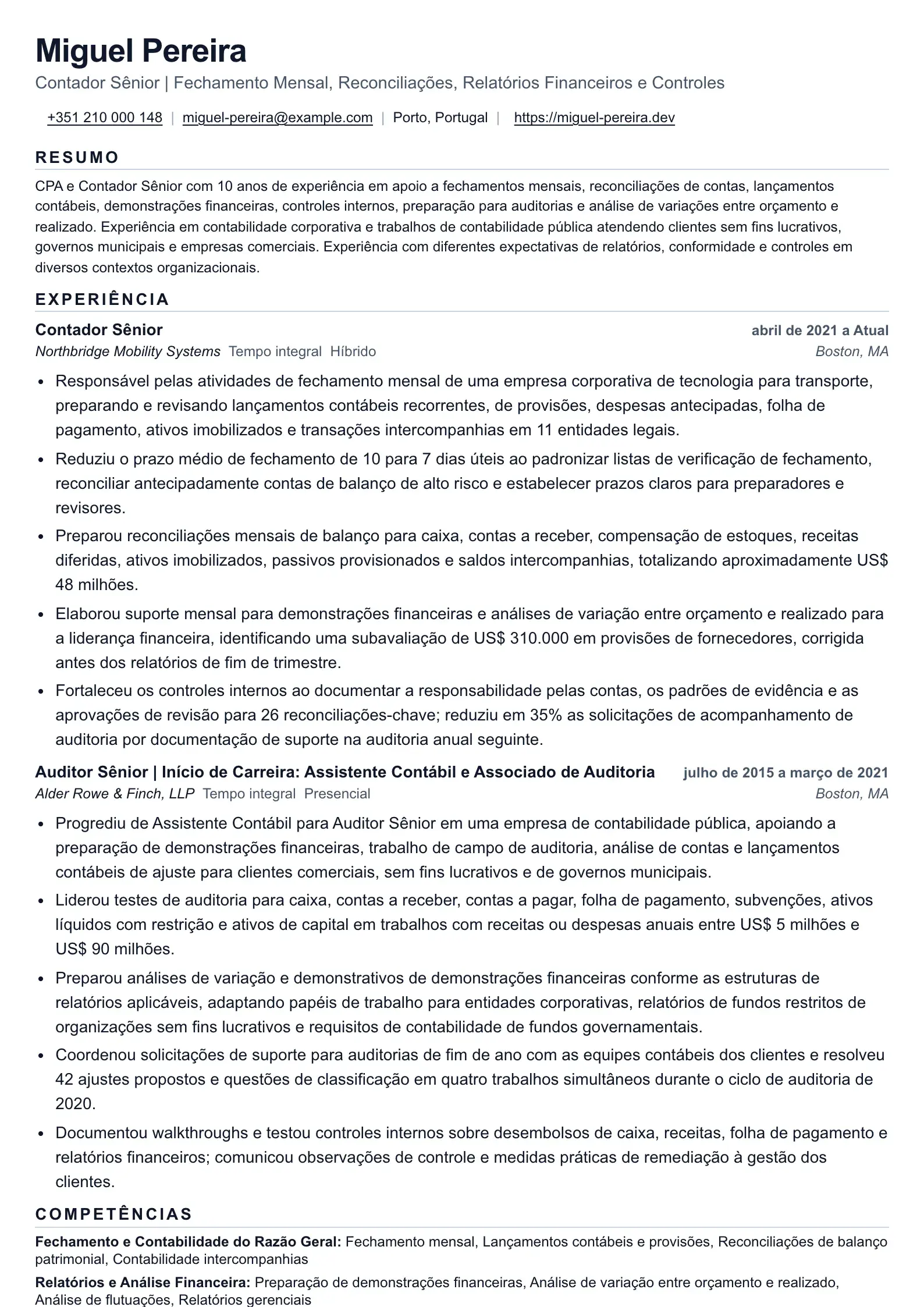 Currículo de Contador para Atividades de Fechamento e Relatórios