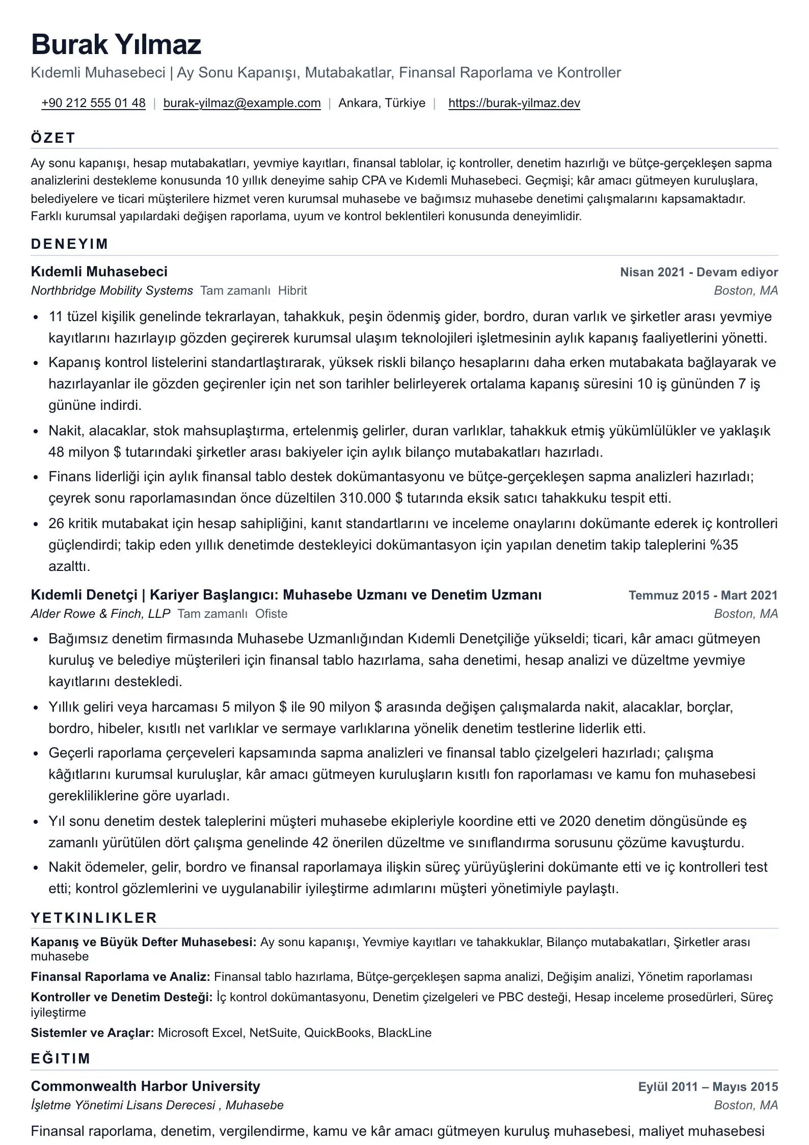 Kapanış ve Raporlama Çalışmaları için Muhasebeci Özgeçmişi