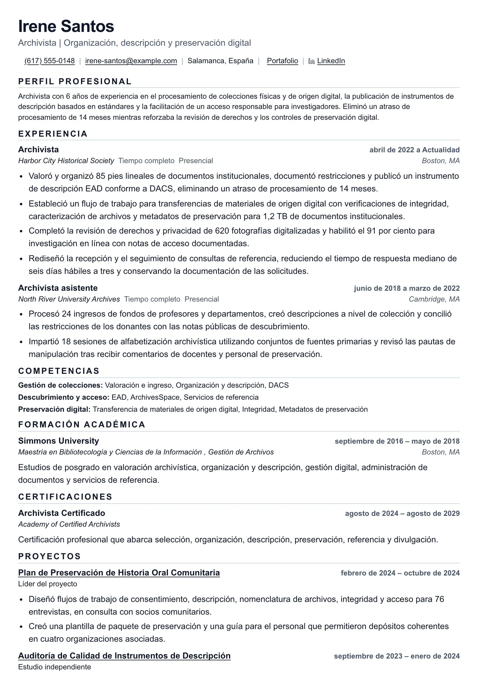 Usa esta plantilla de currículum para solicitudes de archivero