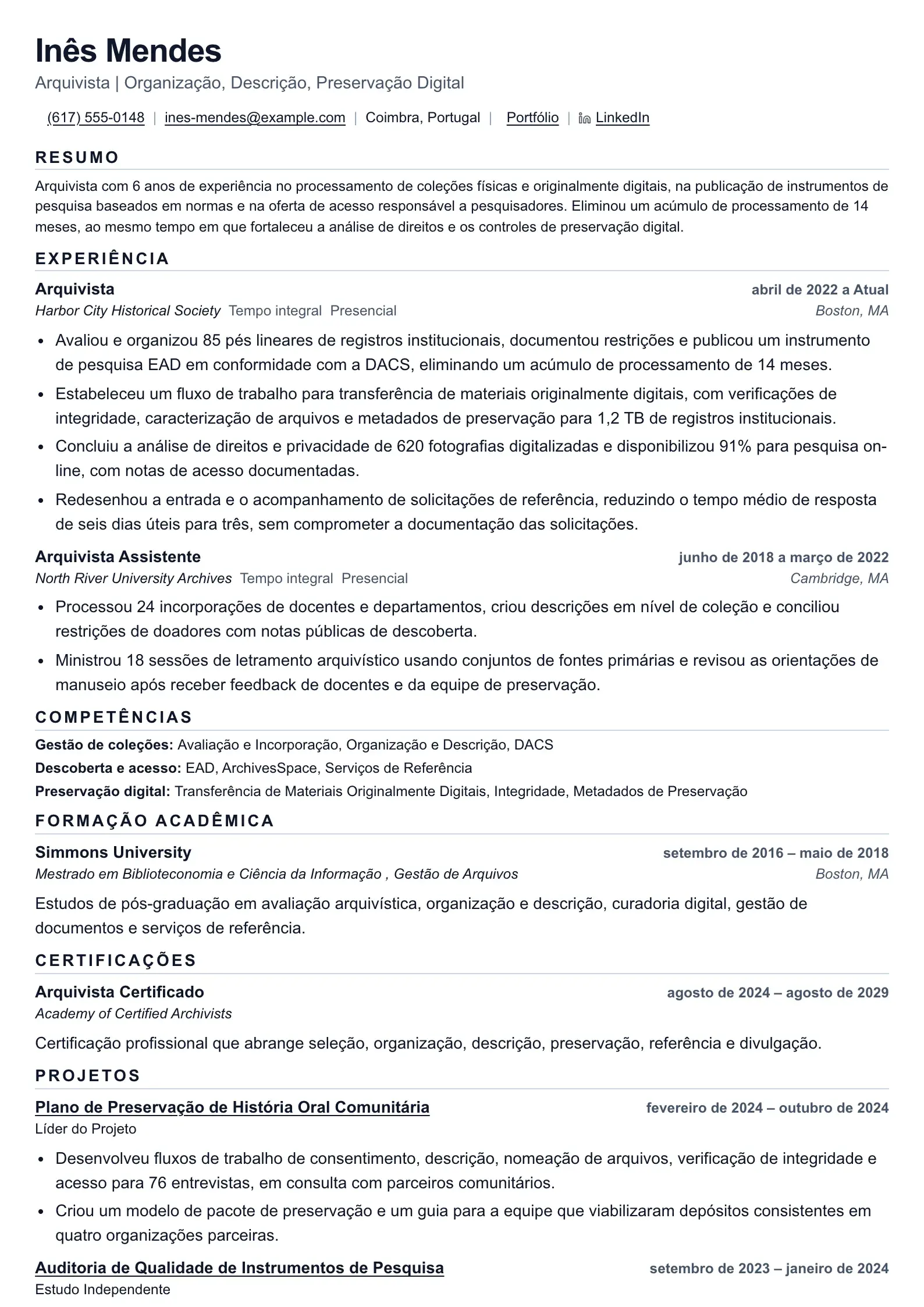 Use este modelo de currículo para candidaturas de arquivista