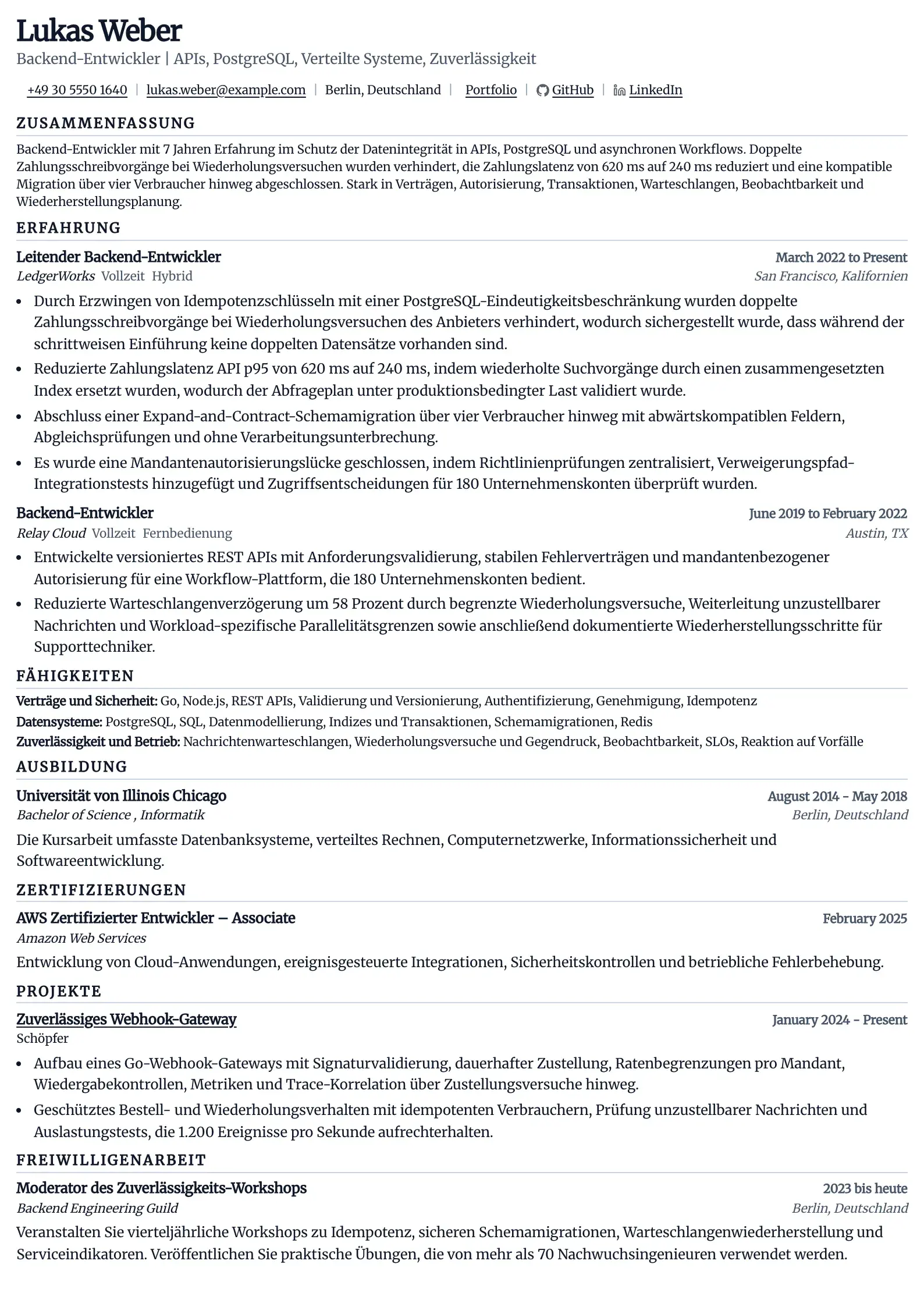 Nutzen Sie diese Lebenslaufvorlage für Bewerbungen als Backend-Entwickler