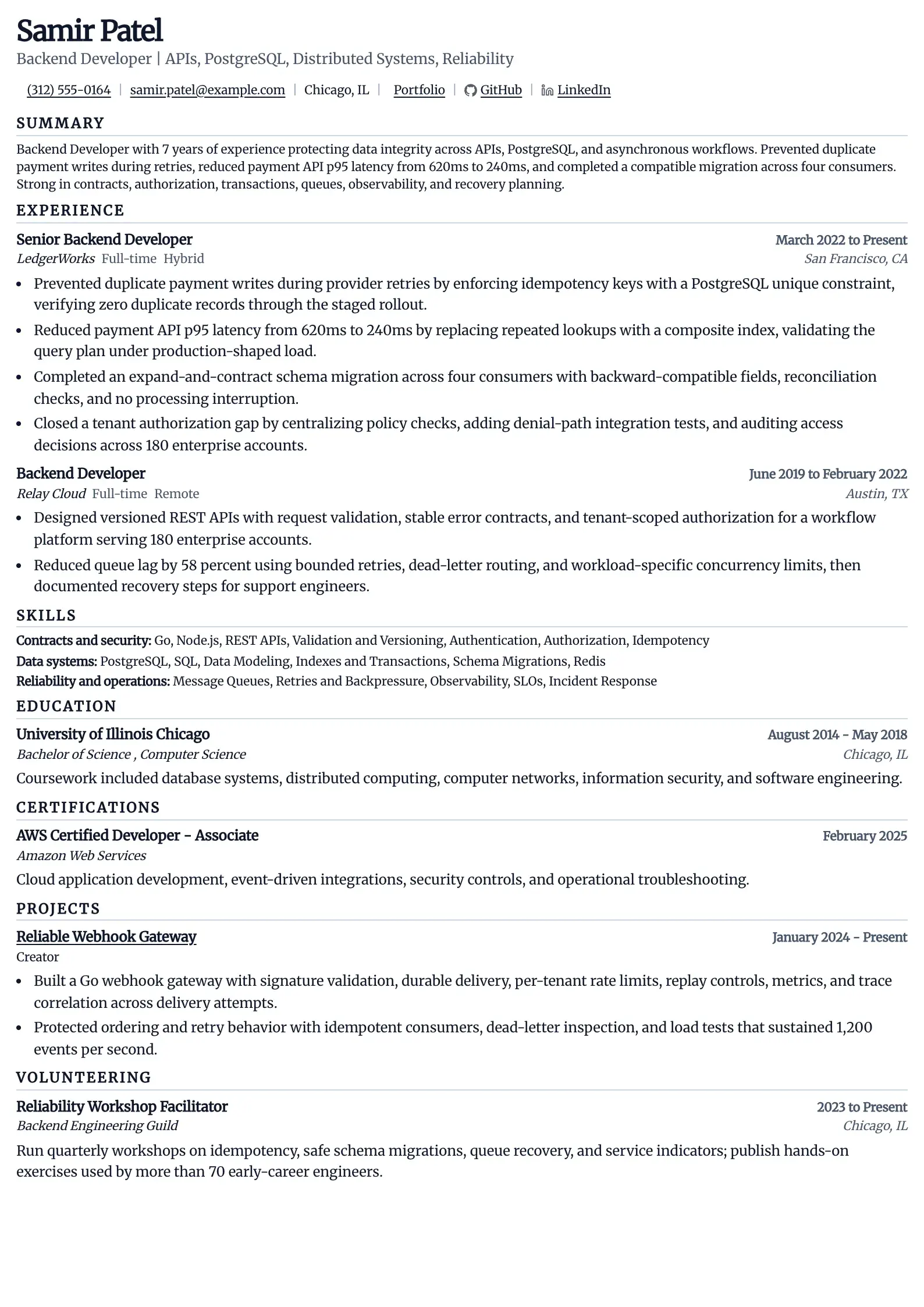 Use this resume template for backend developer applications