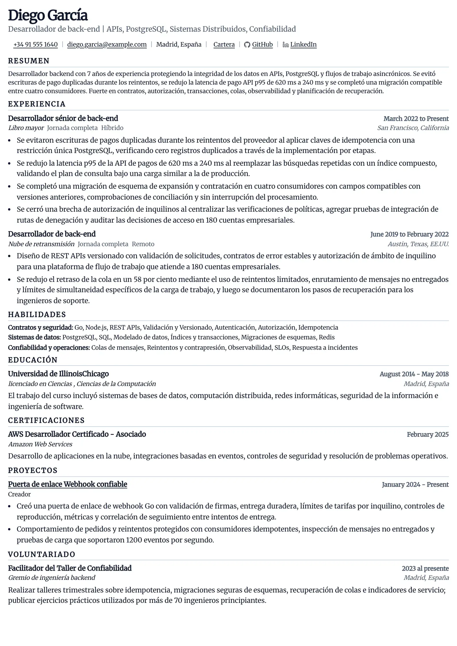 Usa esta plantilla de currículum para postulaciones de desarrollador backend