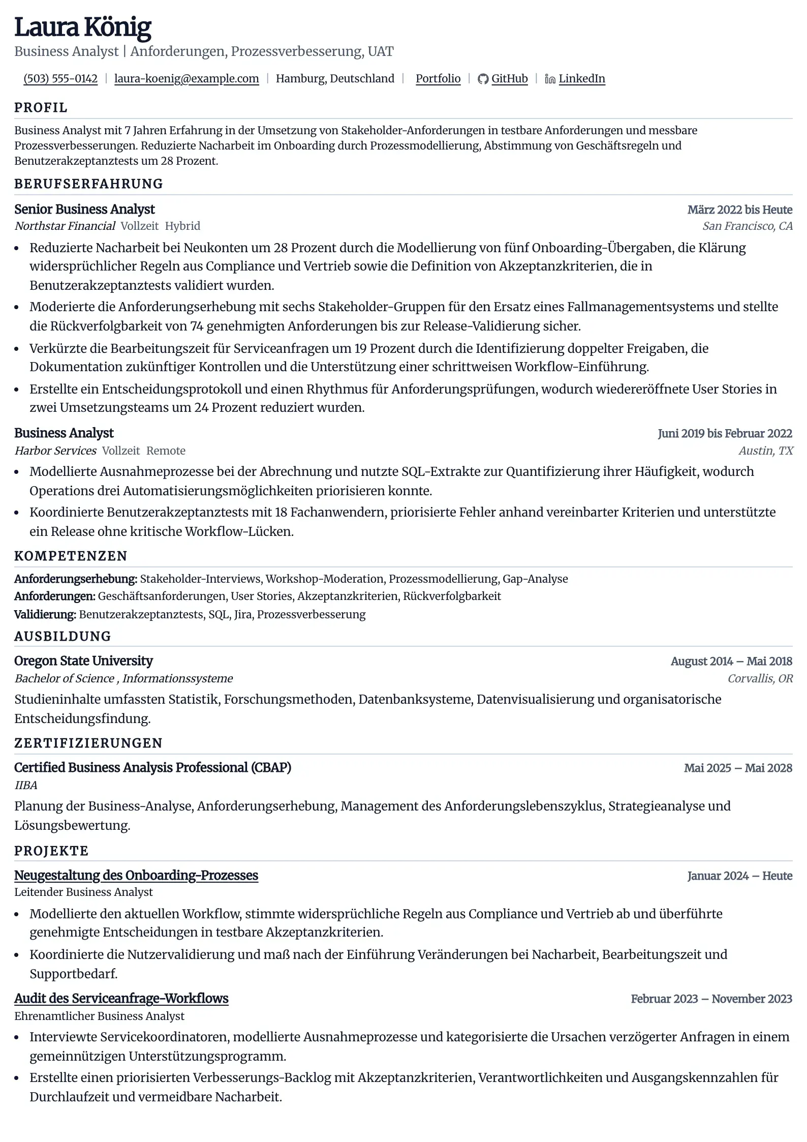 Nutzen Sie diese Lebenslaufvorlage für Business-Analyst-Bewerbungen
