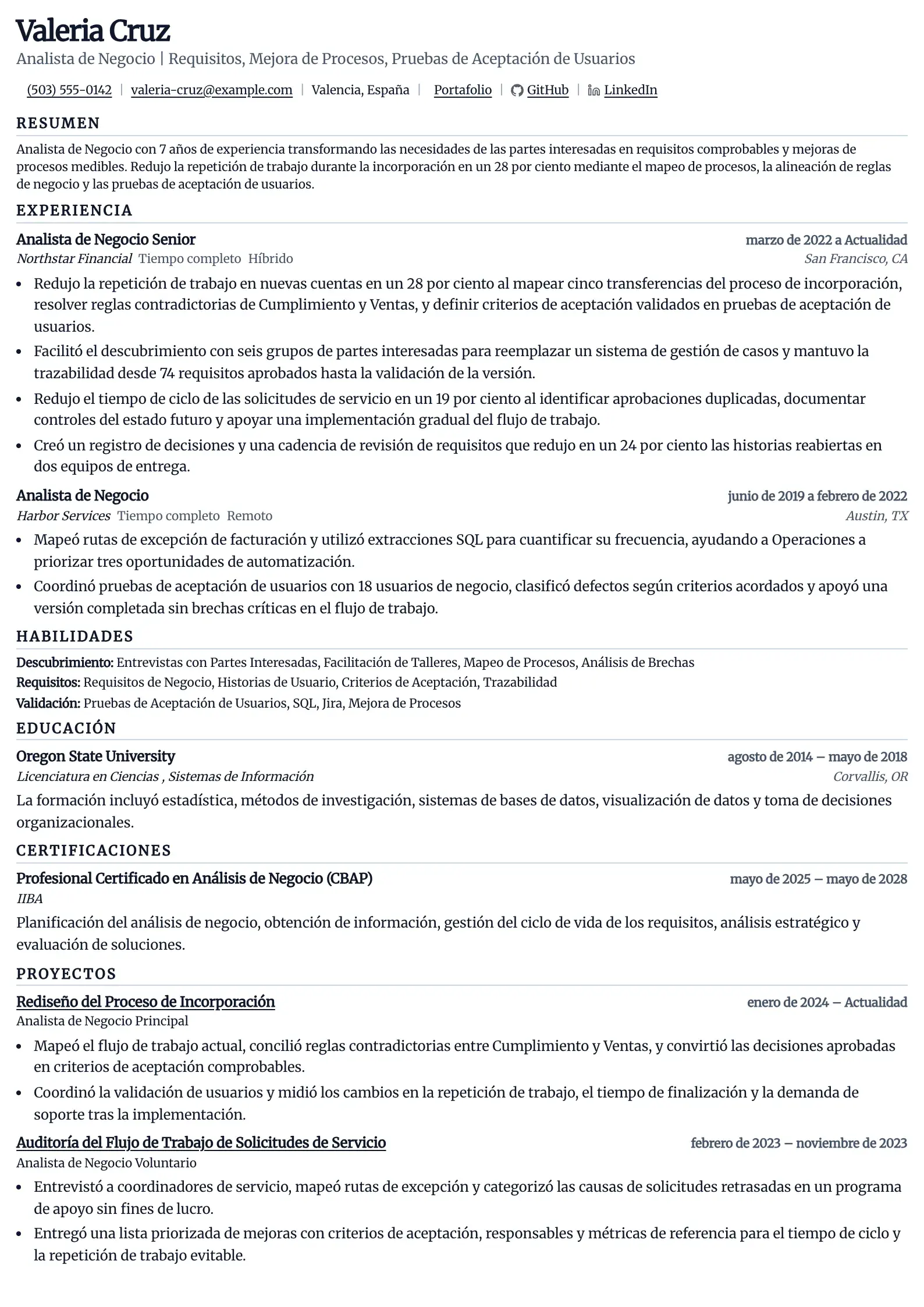Usa esta plantilla de currículum para solicitudes de analista de negocio