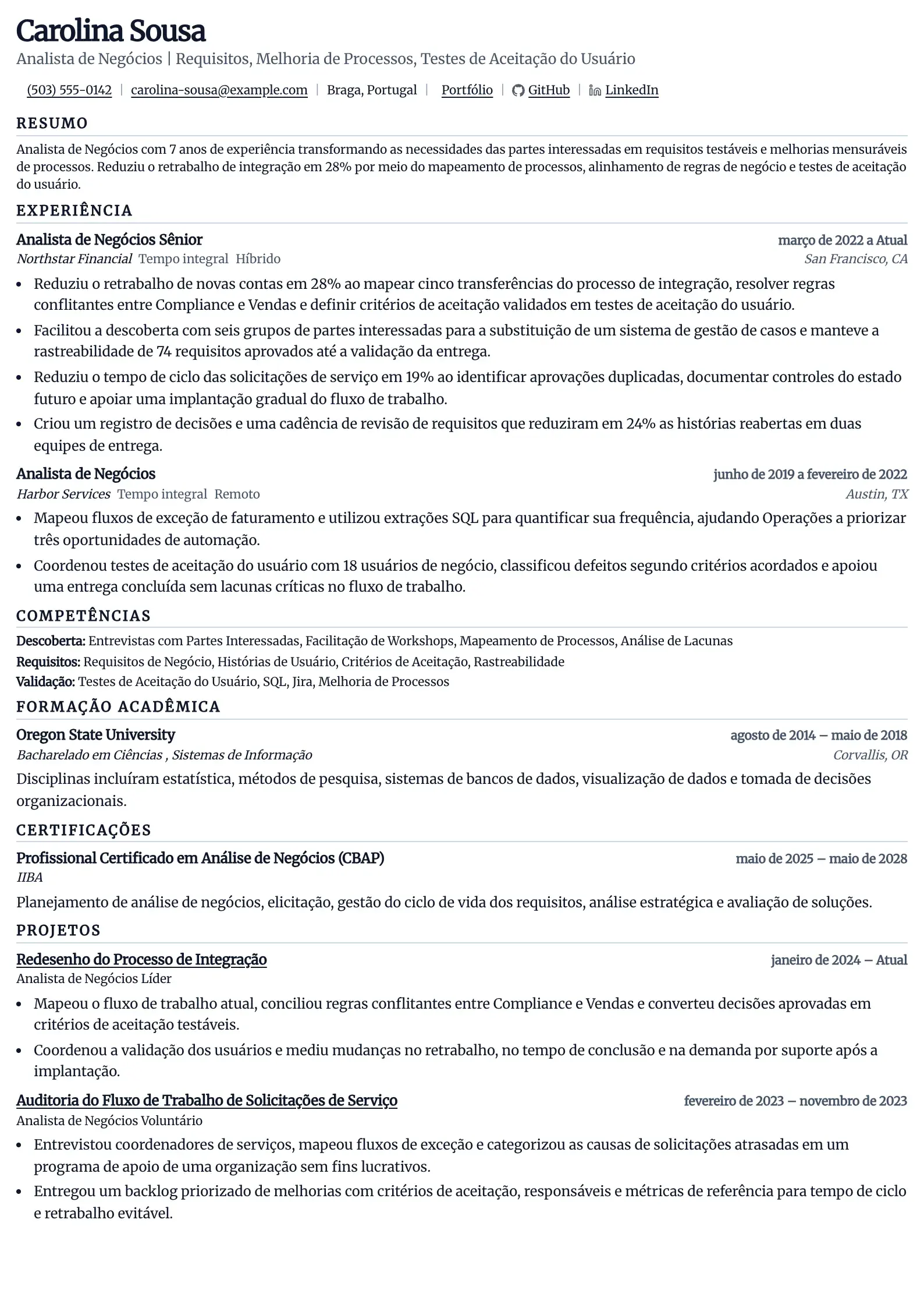 Use este modelo de currículo para candidaturas a analista de negócios