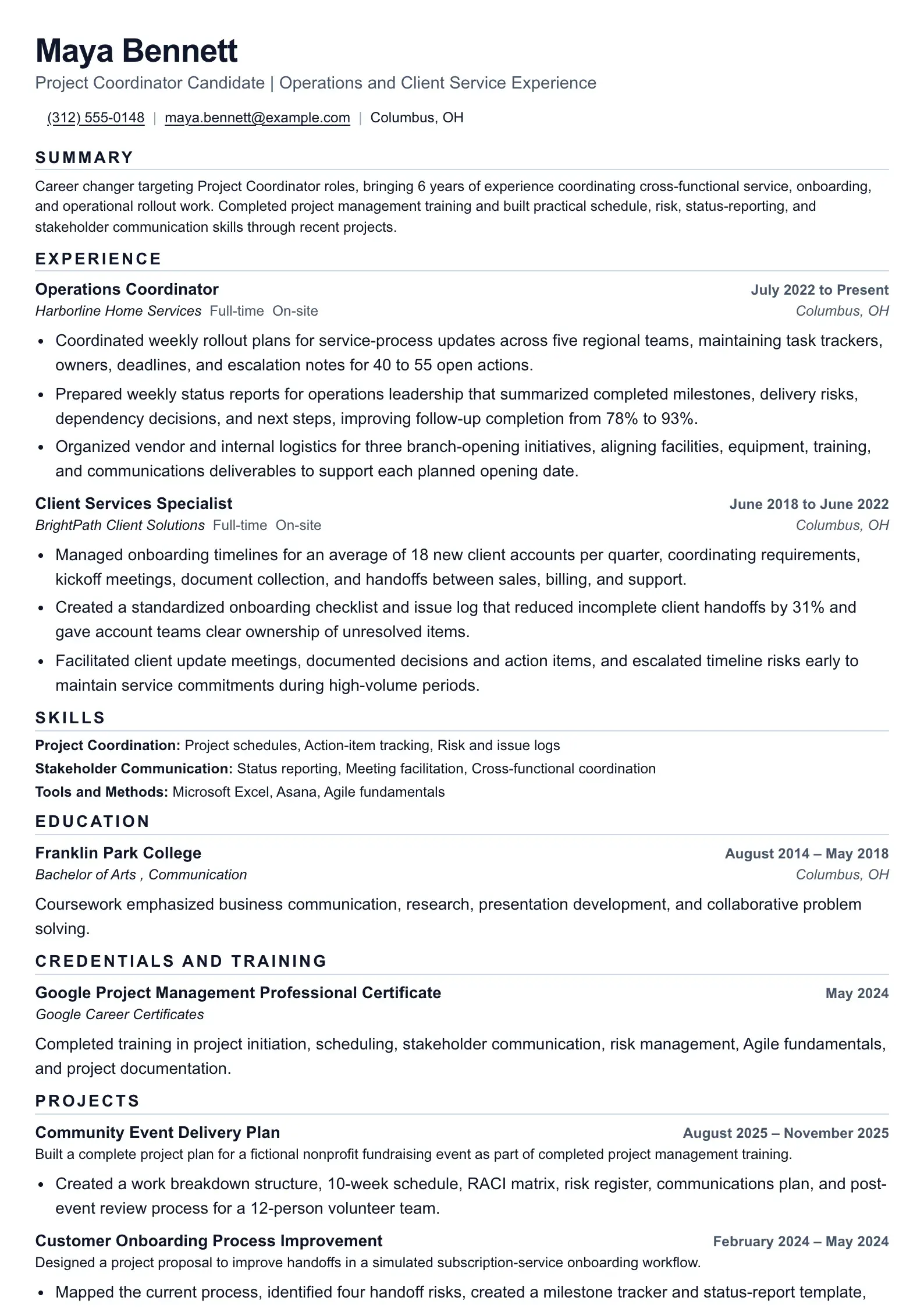 Career Change Project Coordinator Resume