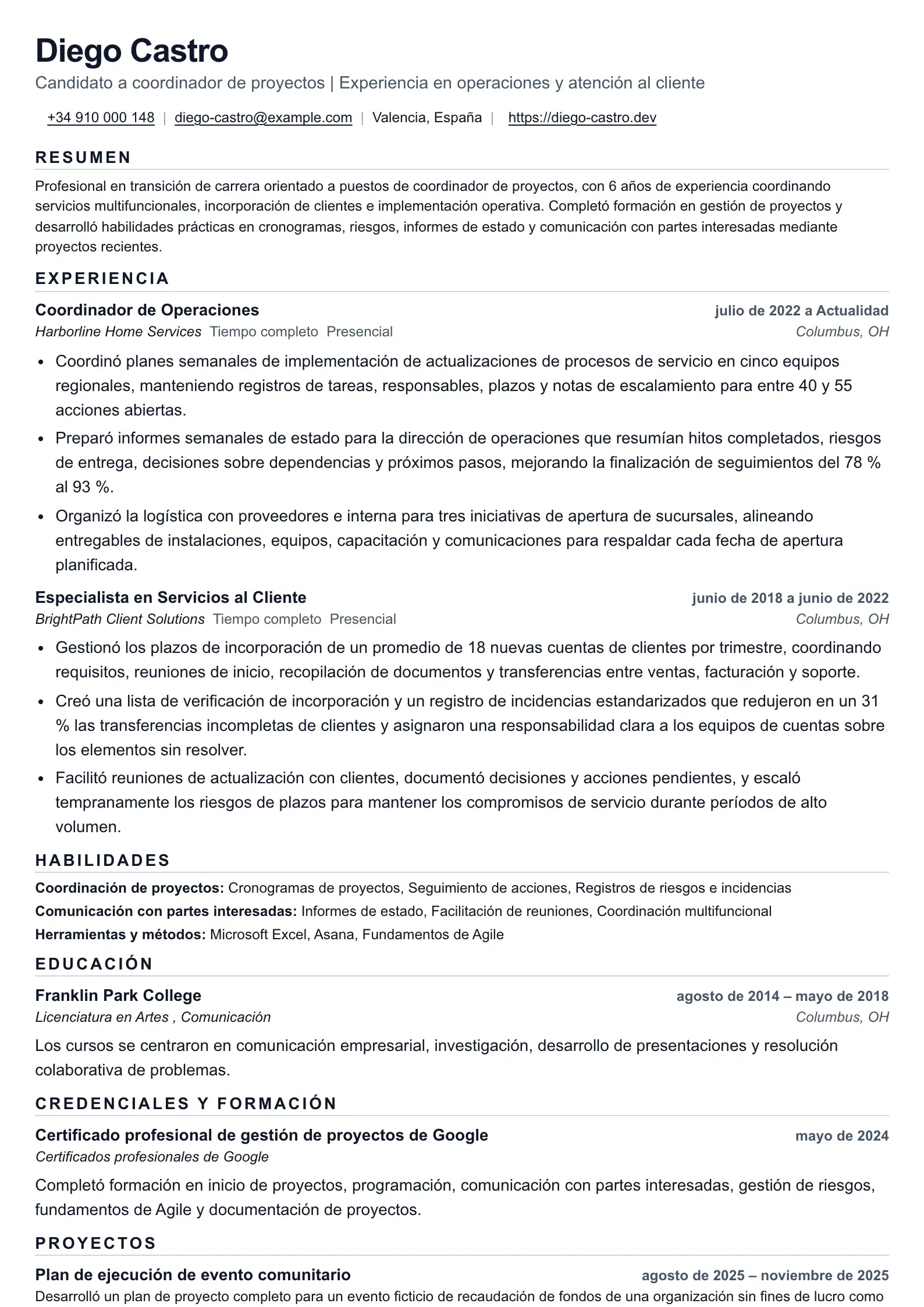 Currículum de Coordinador de Proyectos para Cambio de carrera
