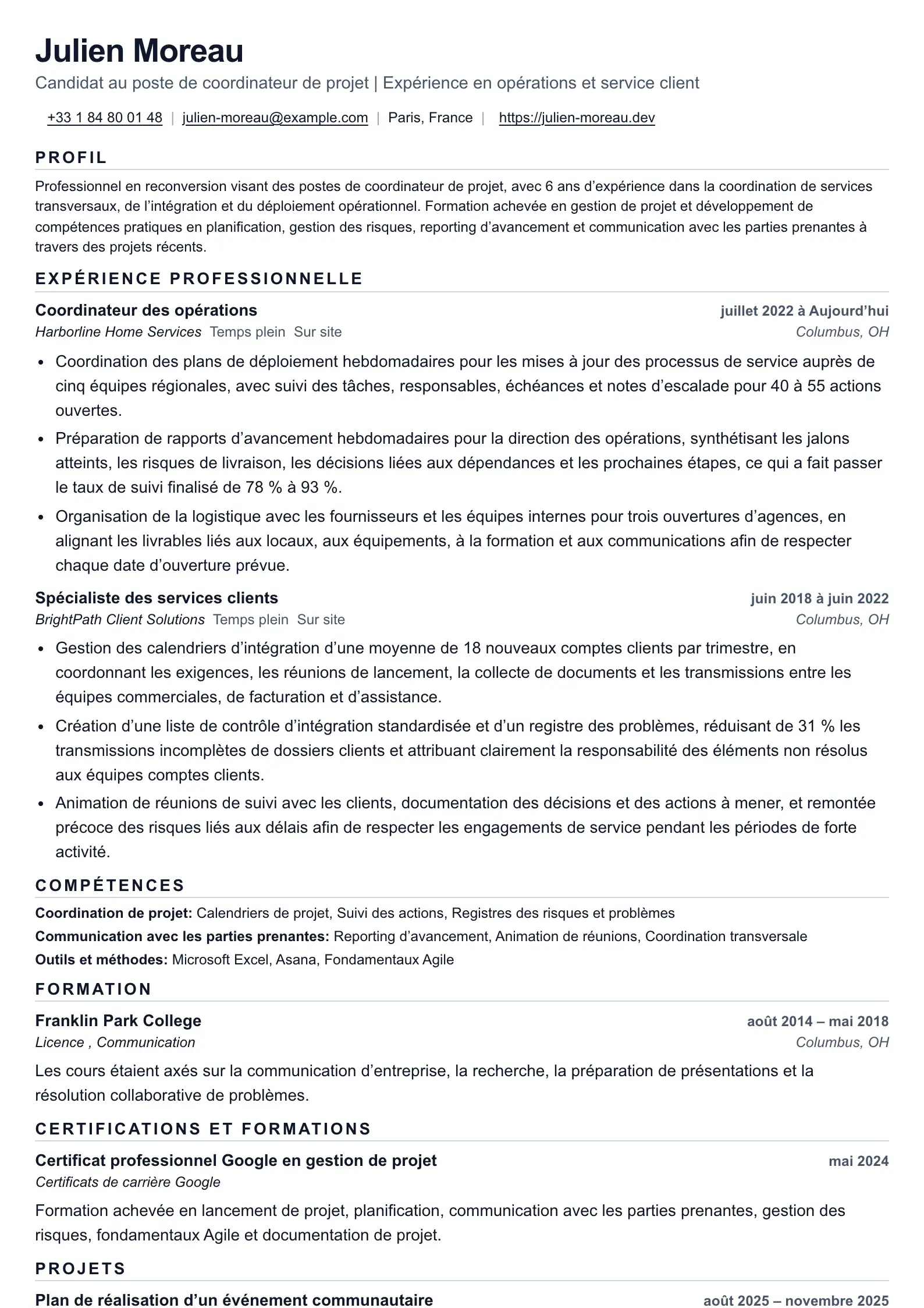 CV de coordinateur de projet en reconversion