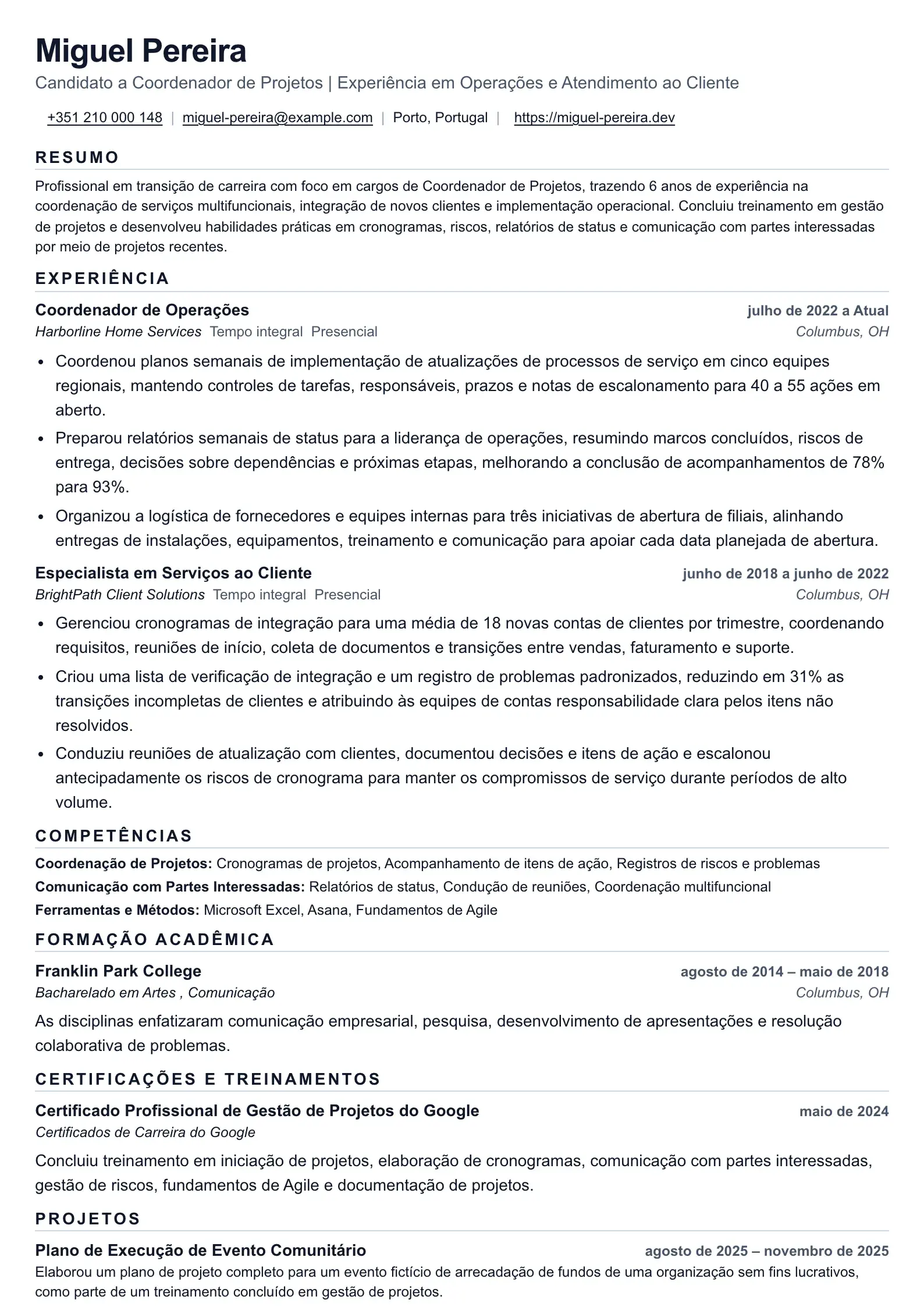 Currículo de Coordenador de Projetos para Mudança de Carreira