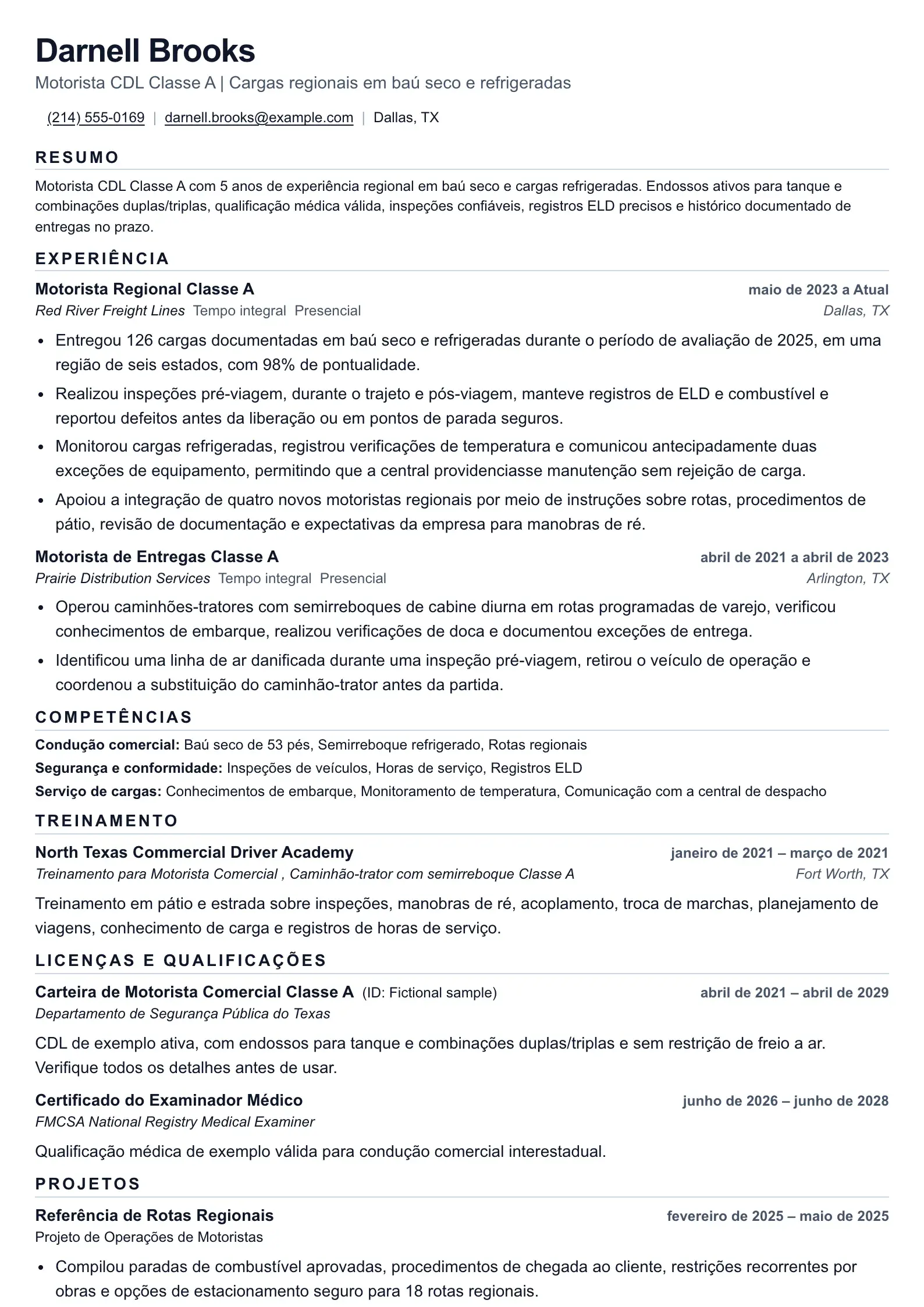 Use este modelo de currículo para candidaturas de motorista de caminhão com CDL