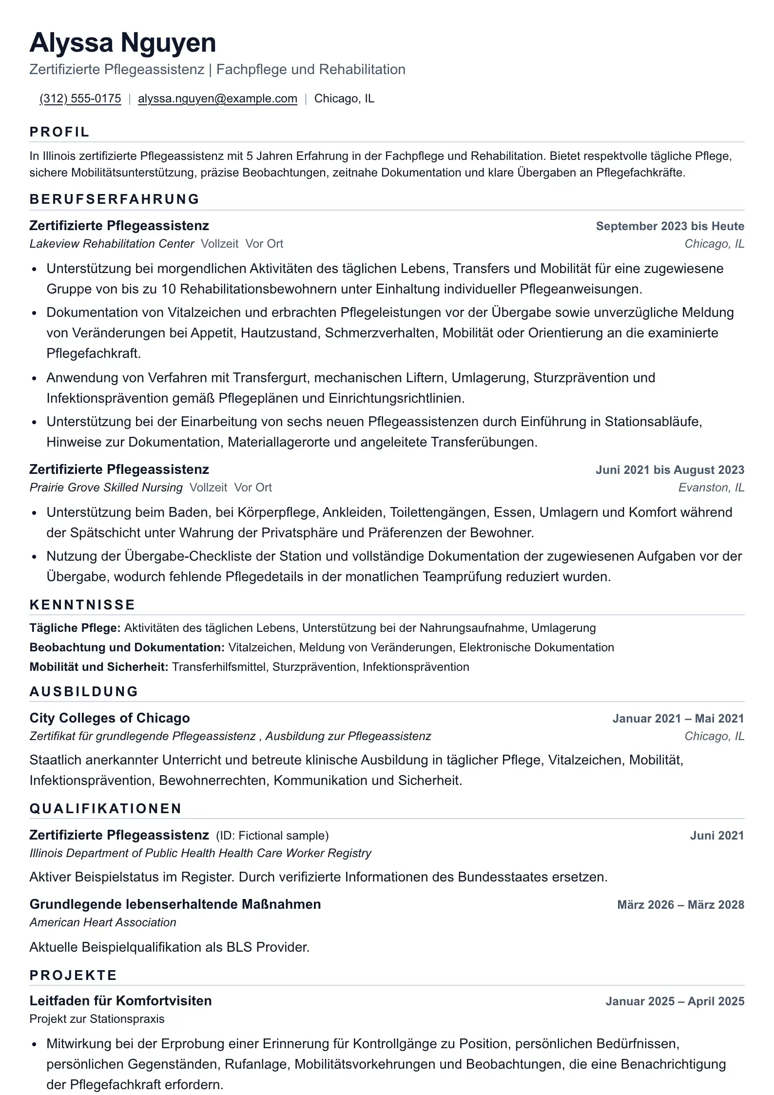Nutzen Sie diese Lebenslaufvorlage für Bewerbungen als zertifizierte Pflegeassistenz