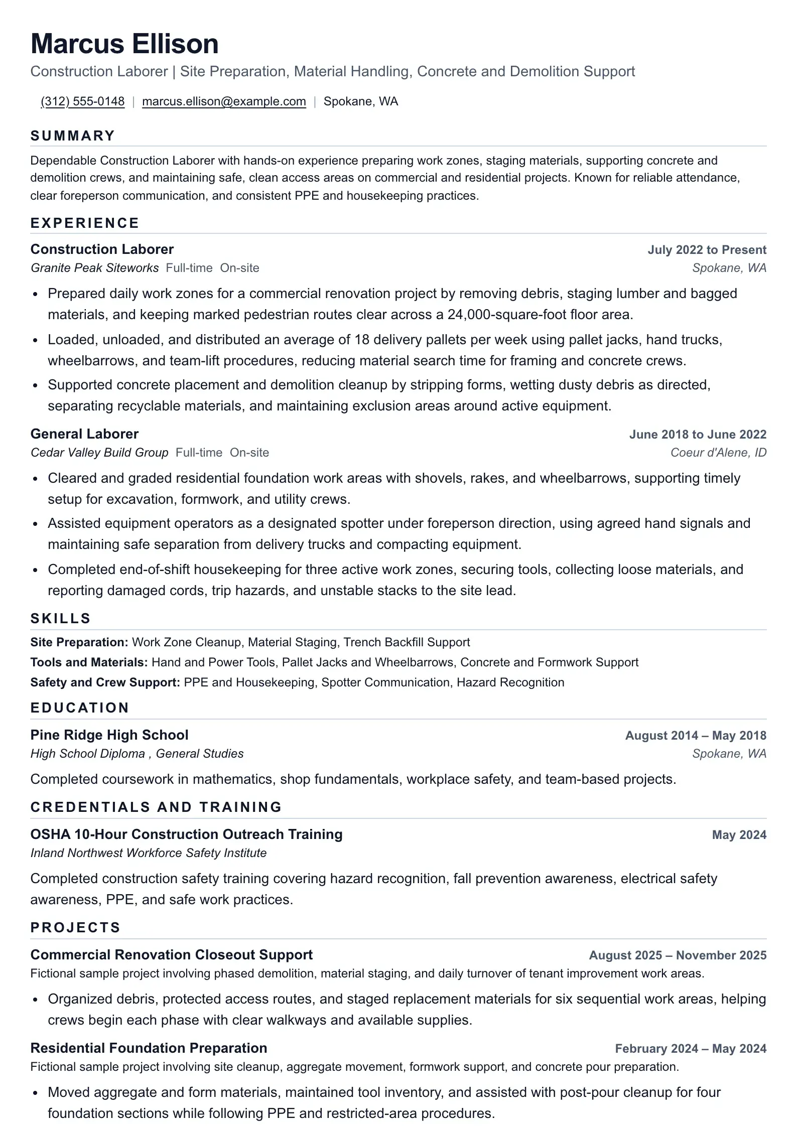 Construction Laborer resume example