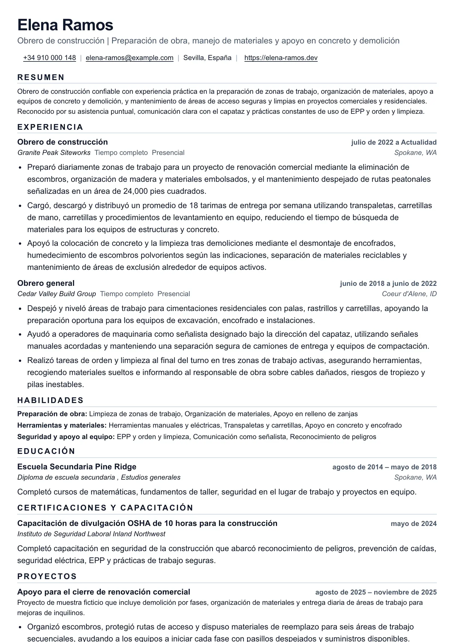 Ejemplo de currículum de peón de construcción