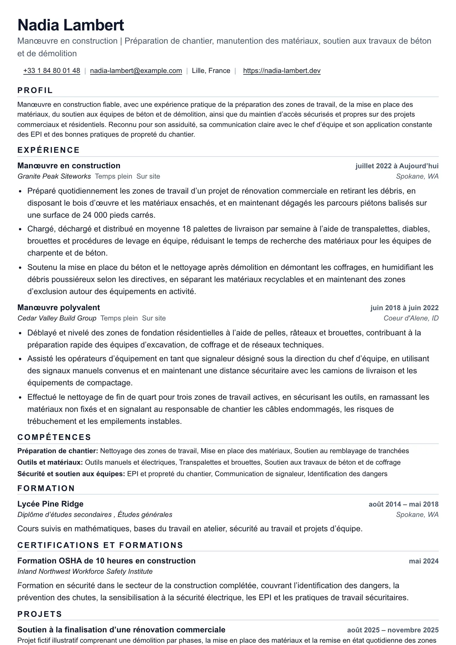 Exemple de CV de manœuvre en construction