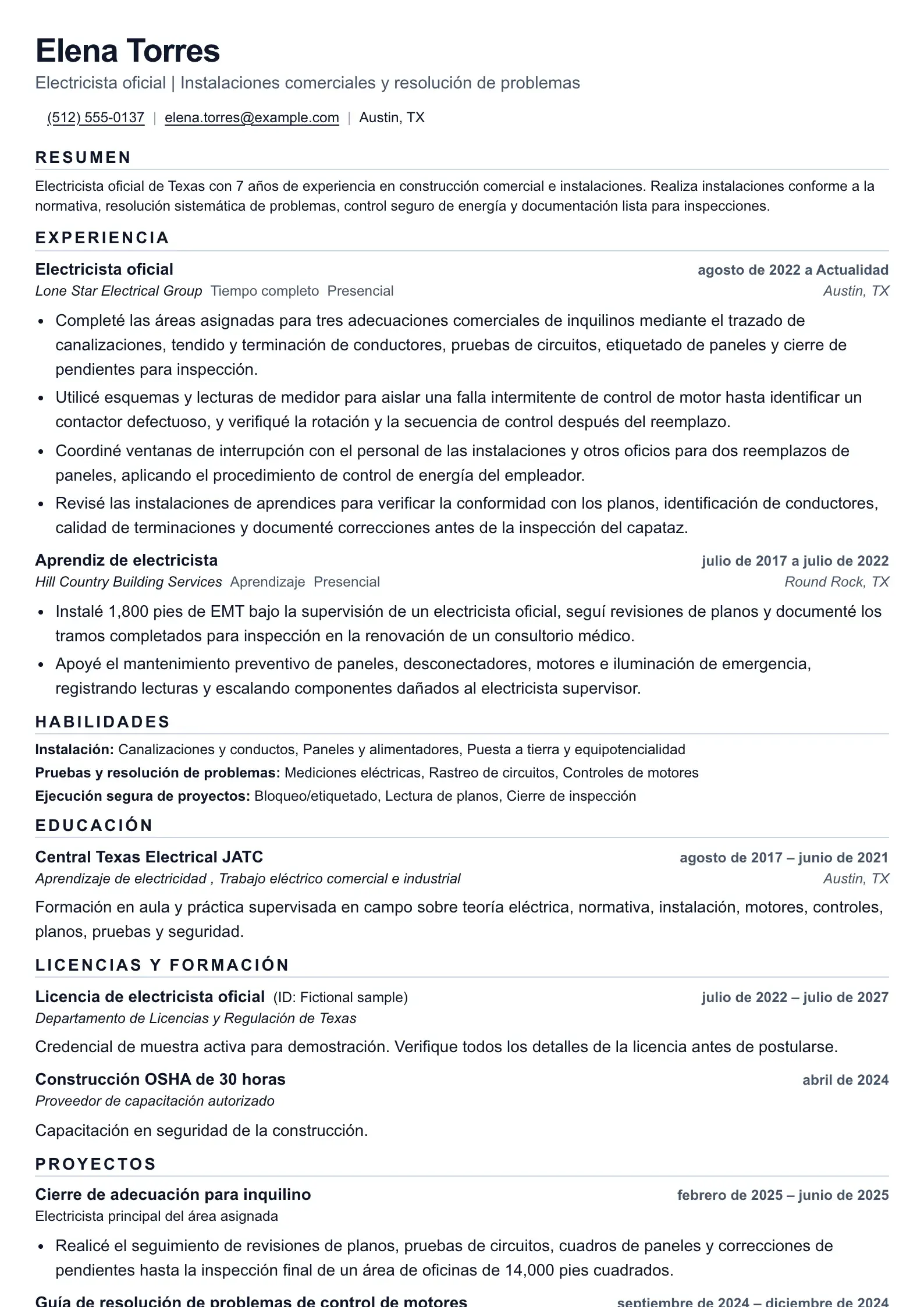 Usa esta plantilla de currículum para postulaciones de electricista