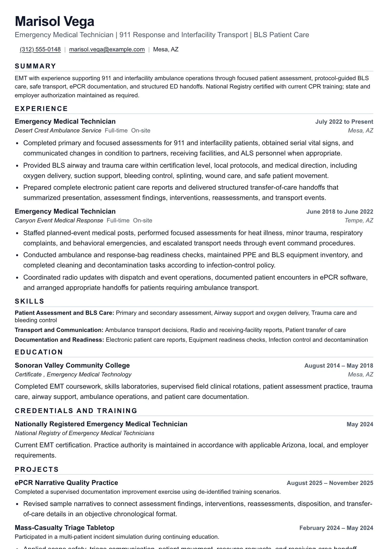 Emergency Medical Technician resume example