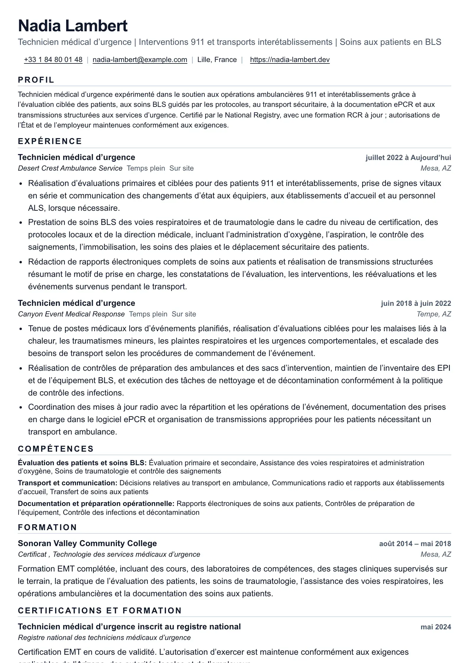 Exemple de CV de technicien ambulancier d’urgence