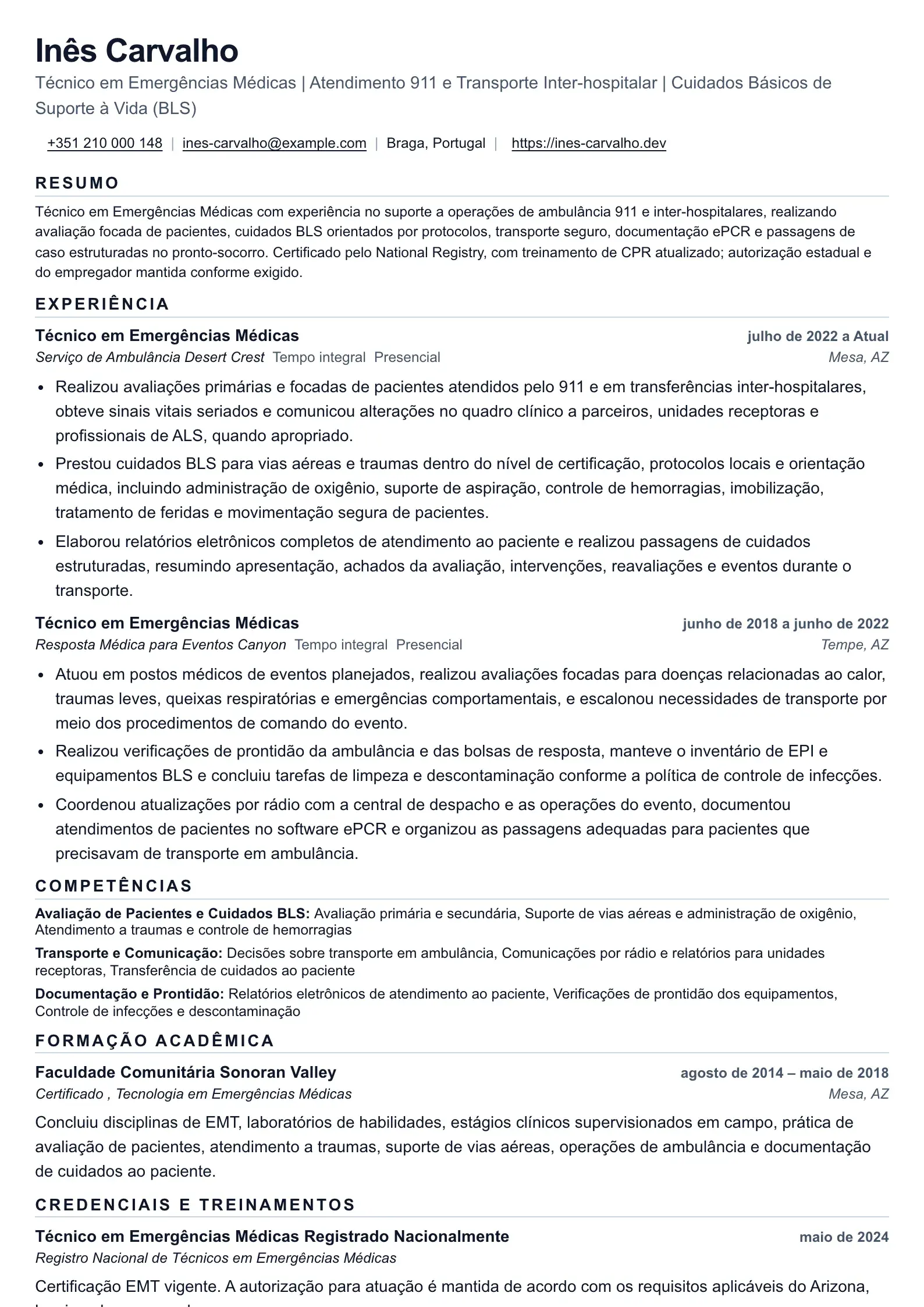 Exemplo de currículo de Técnico em Emergências Médicas