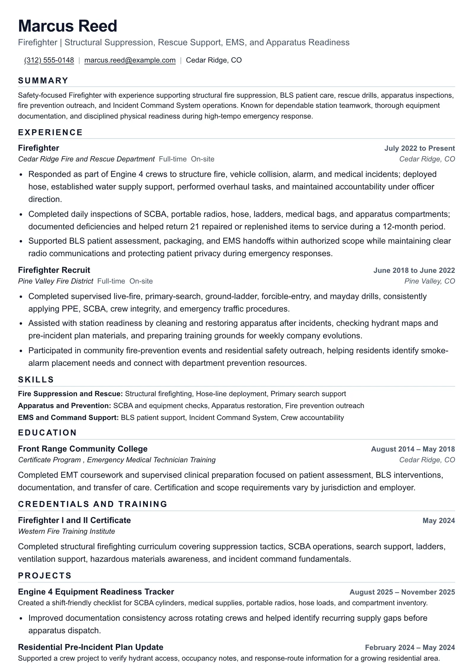 Firefighter resume example for operational evidence
