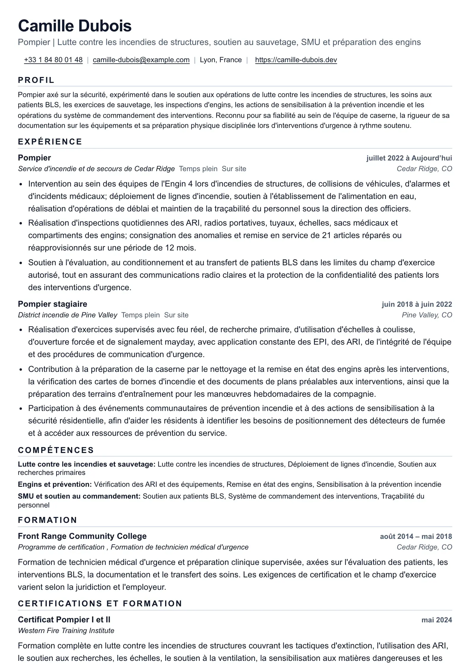 Exemple de CV de pompier axé sur les preuves opérationnelles