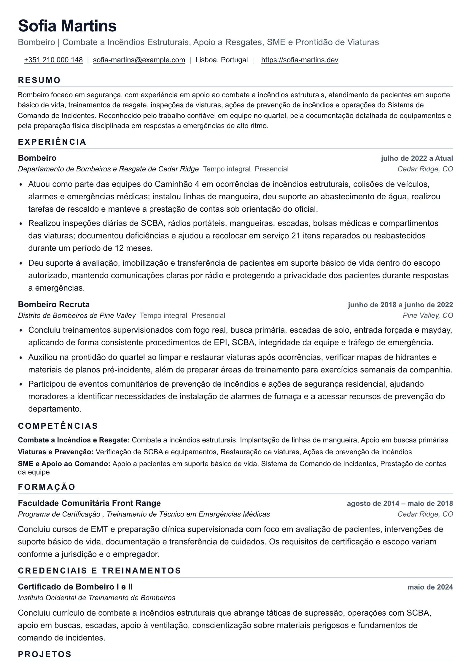 Exemplo de currículo de Bombeiro com evidências operacionais
