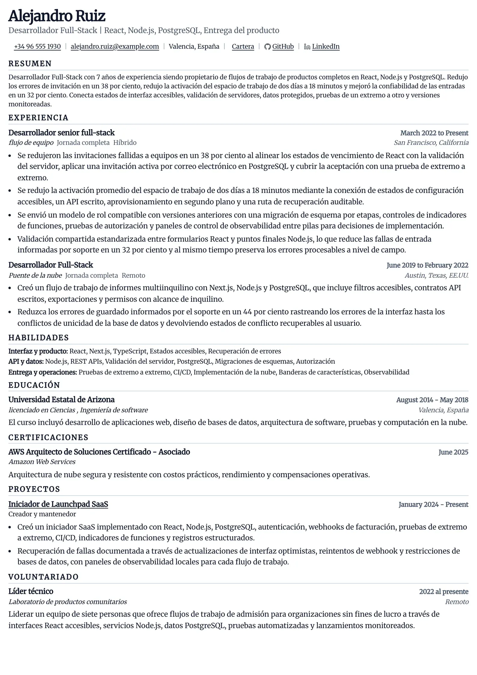 Usa esta plantilla de currículum para postulaciones de desarrollador full-stack