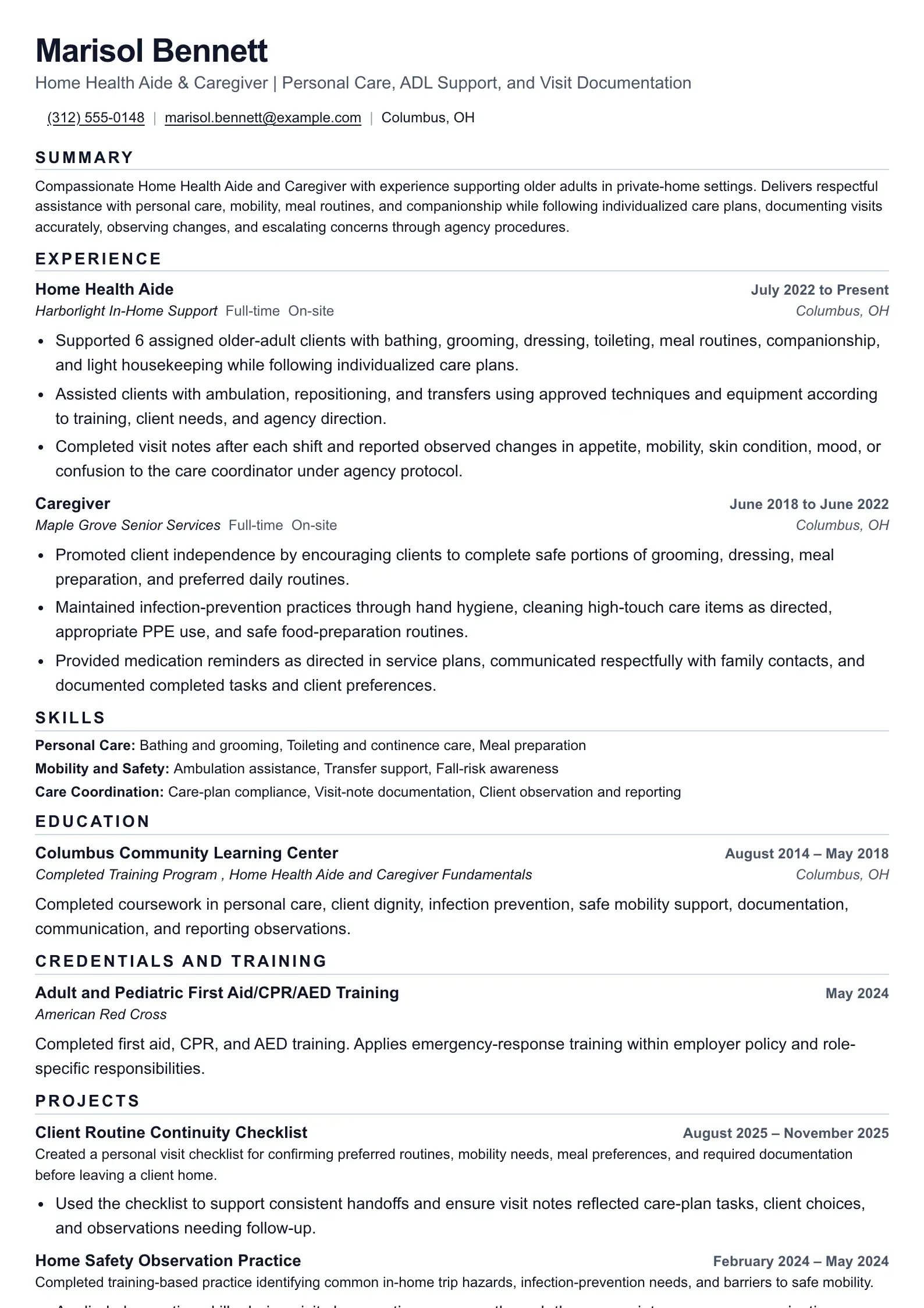 Home Health Aide & Caregiver resume example