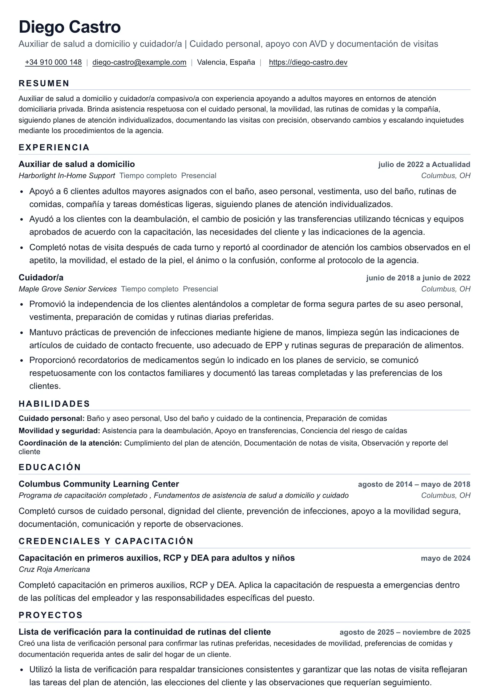 Ejemplo de currículum para auxiliar de salud en el hogar y cuidador