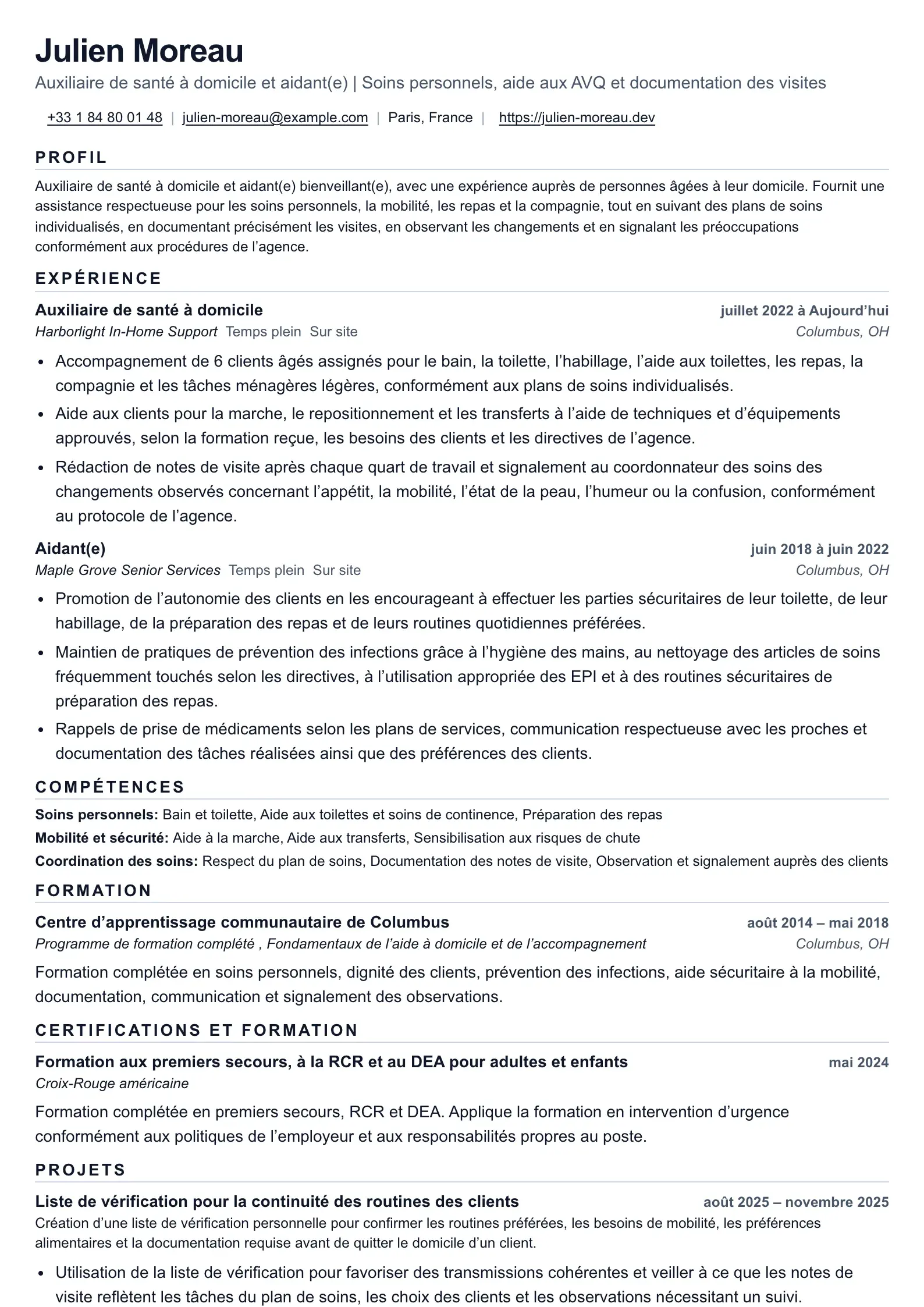 Exemple de CV d’aide à domicile et d’auxiliaire de vie