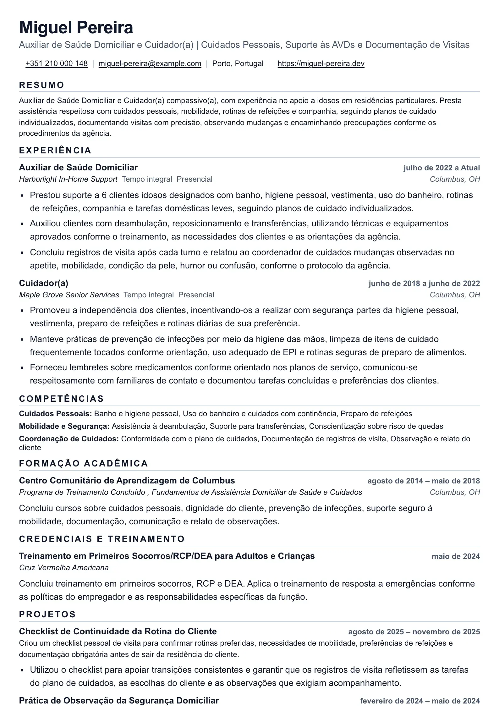 Exemplo de currículo de Auxiliar de Saúde Domiciliar e Cuidador
