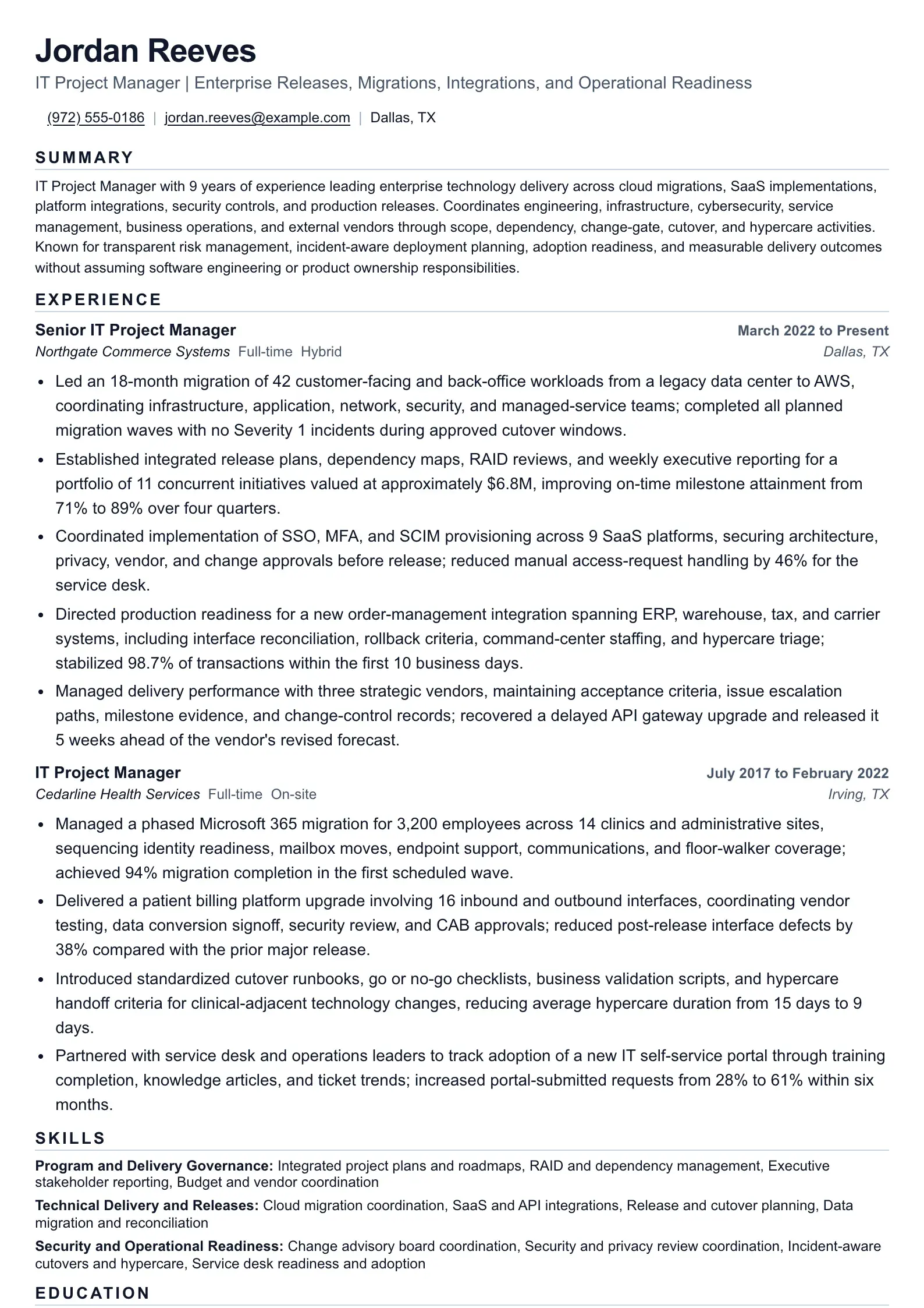 IT Project Manager Resume for Technical Delivery