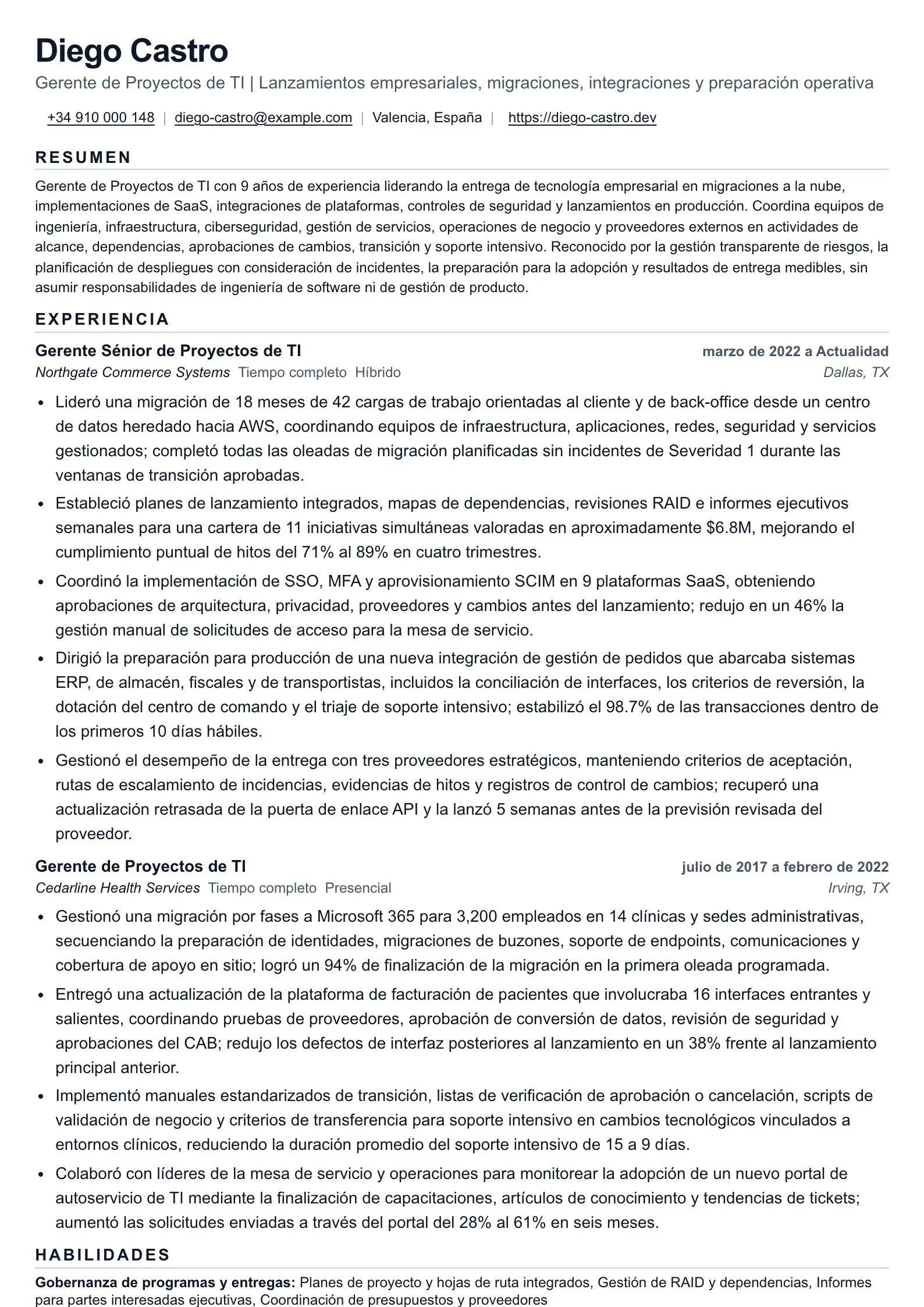 Currículum de Gerente de Proyectos de TI para entrega técnica