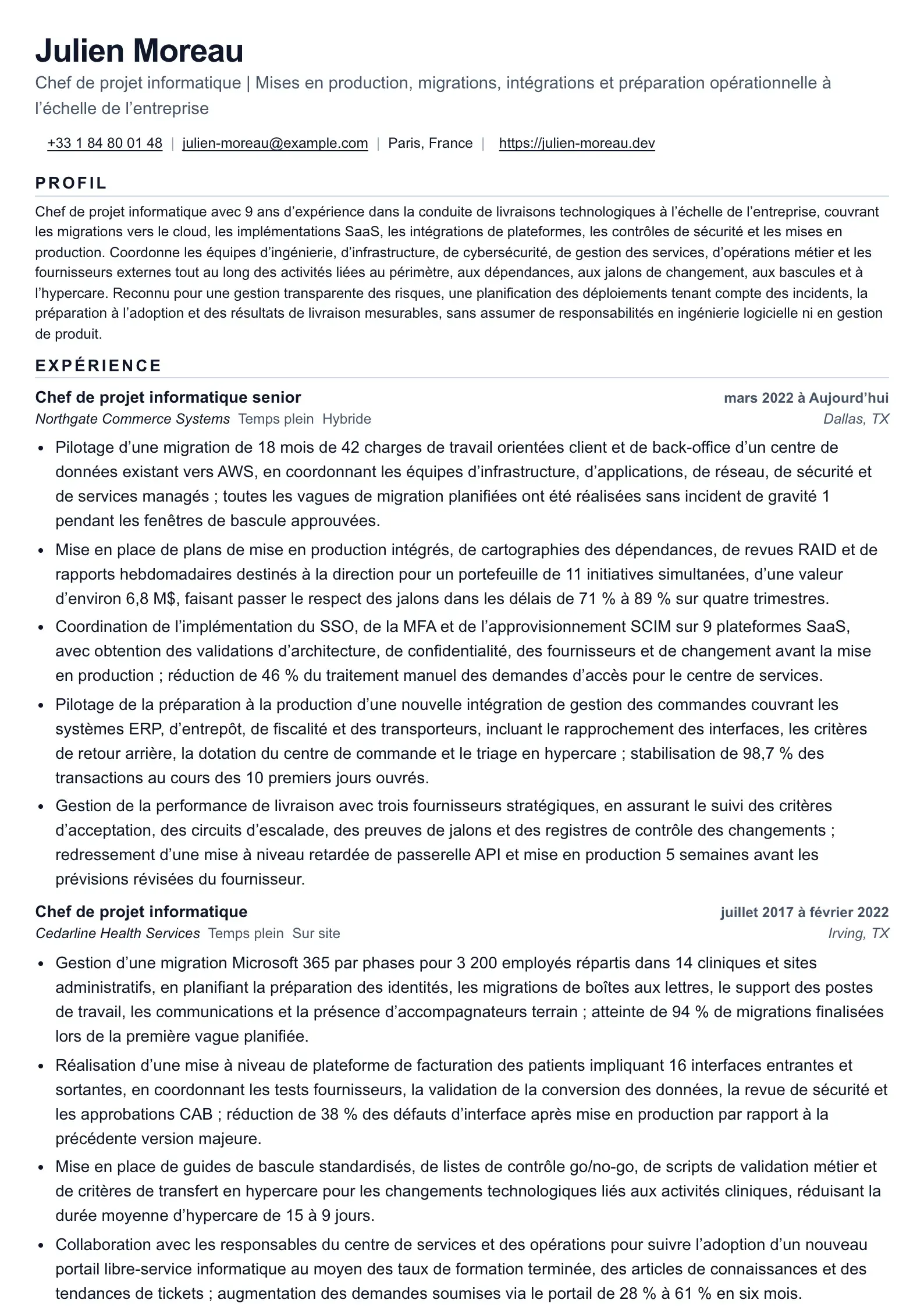 CV de chef de projet informatique pour la livraison technique