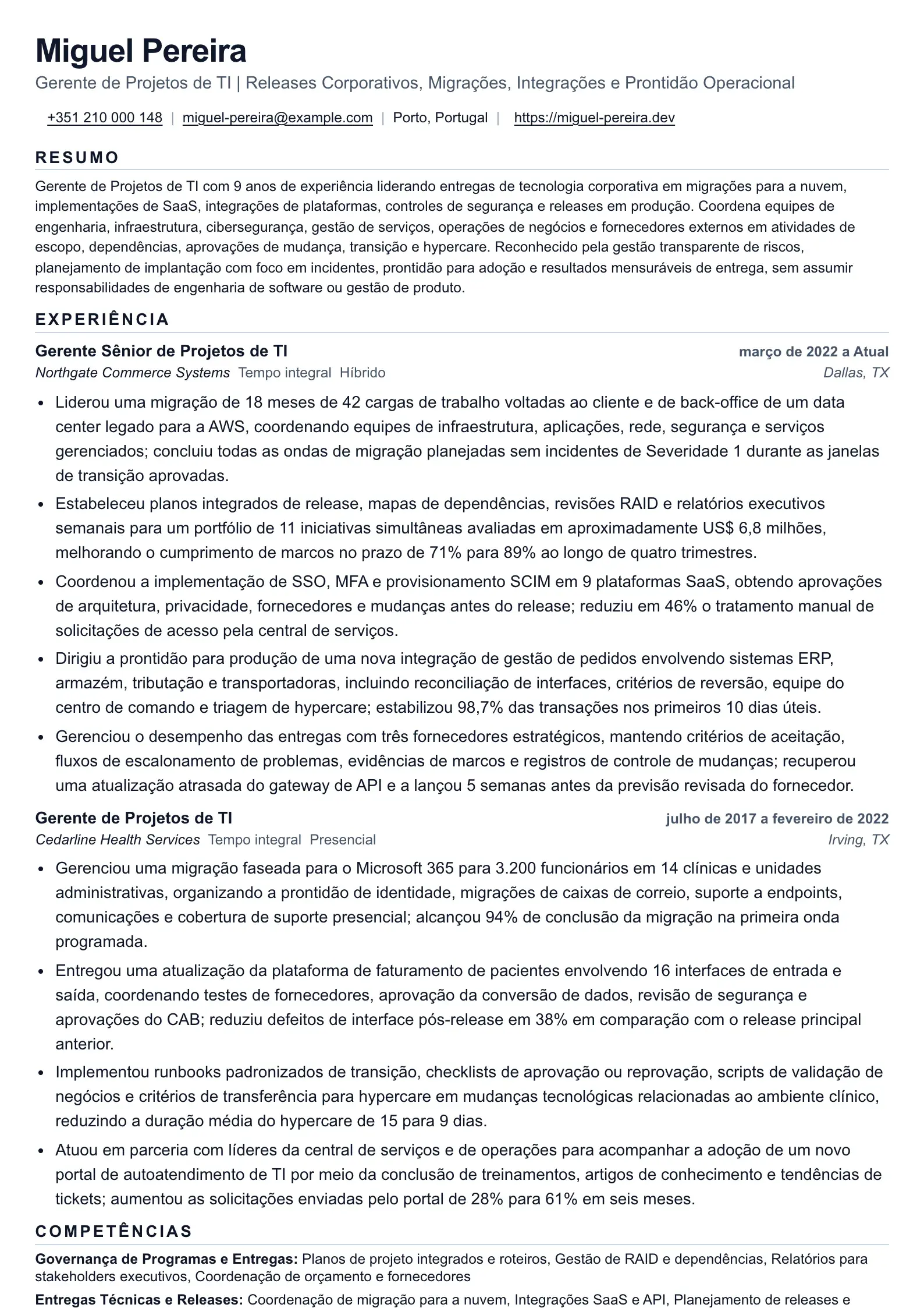 Currículo de Gerente de Projetos de TI para Entrega Técnica