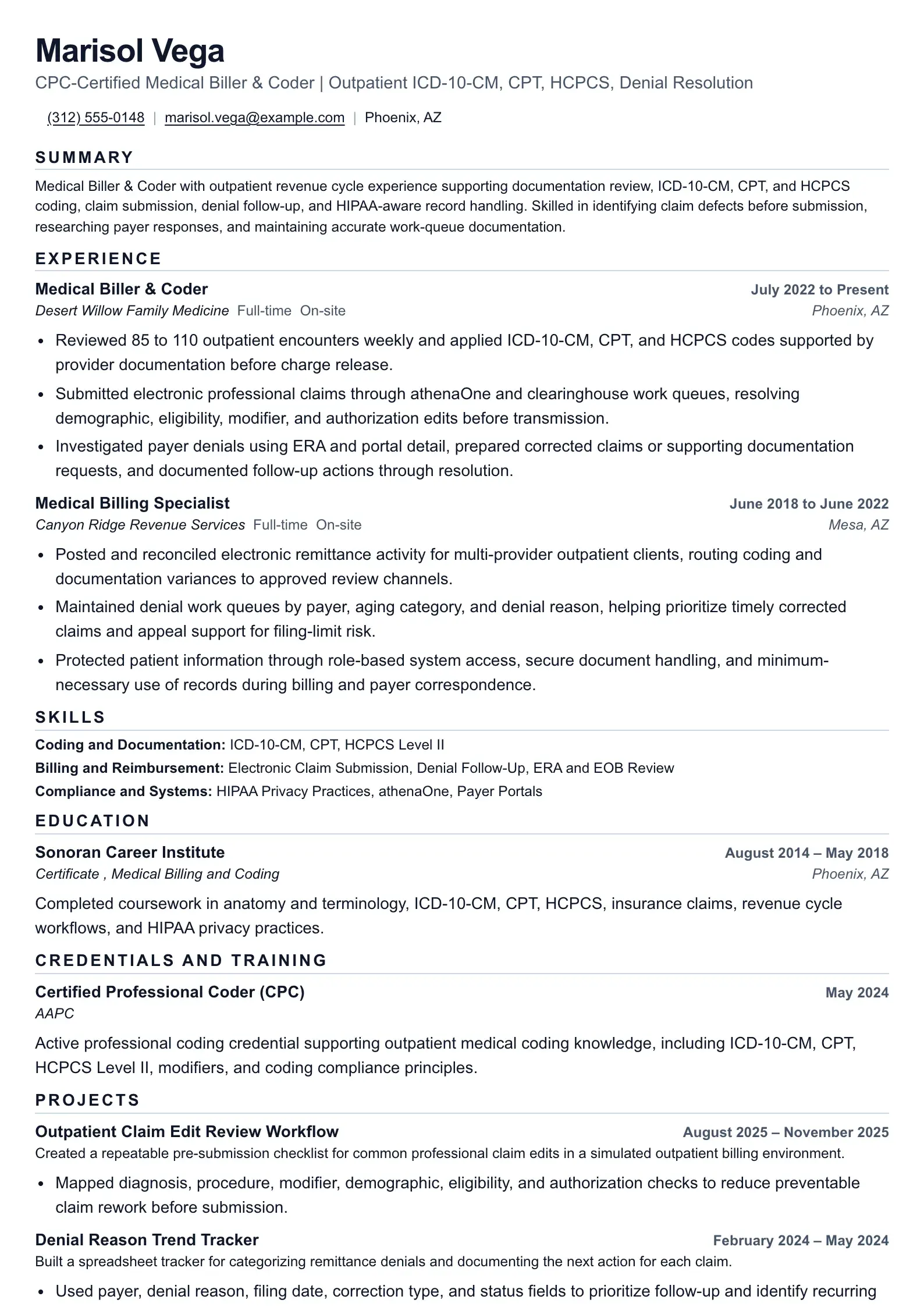 Medical Biller & Coder resume example