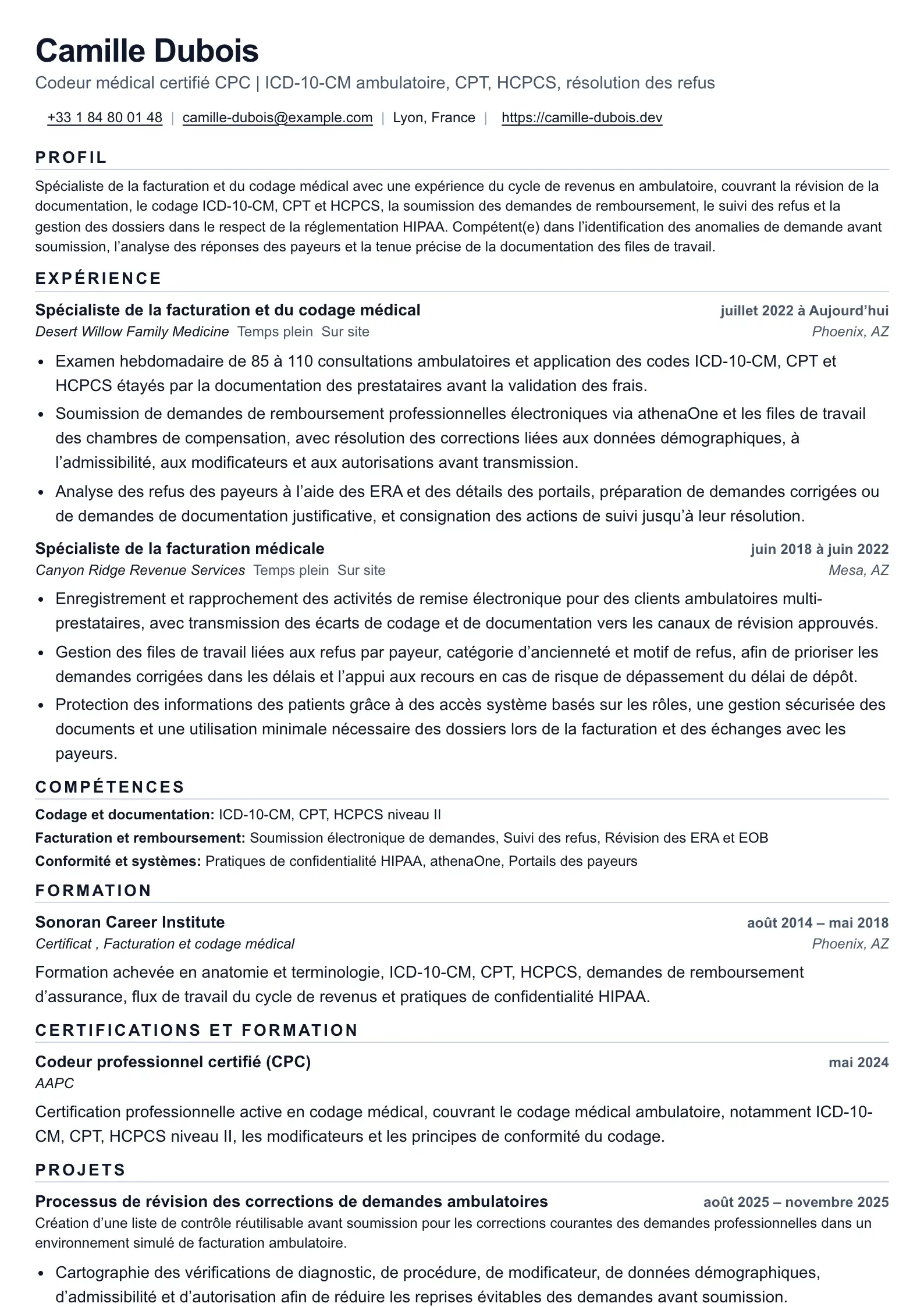 Exemple de CV de facturier et codeur médical