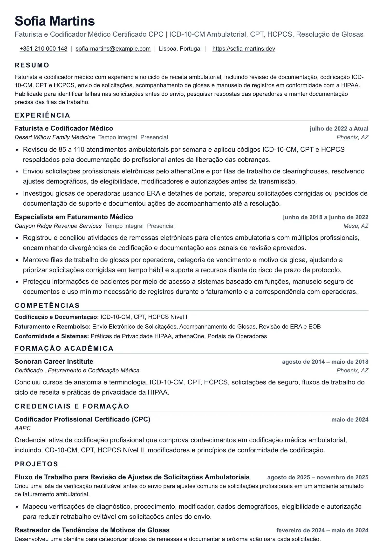 Exemplo de currículo de Faturador e Codificador Médico