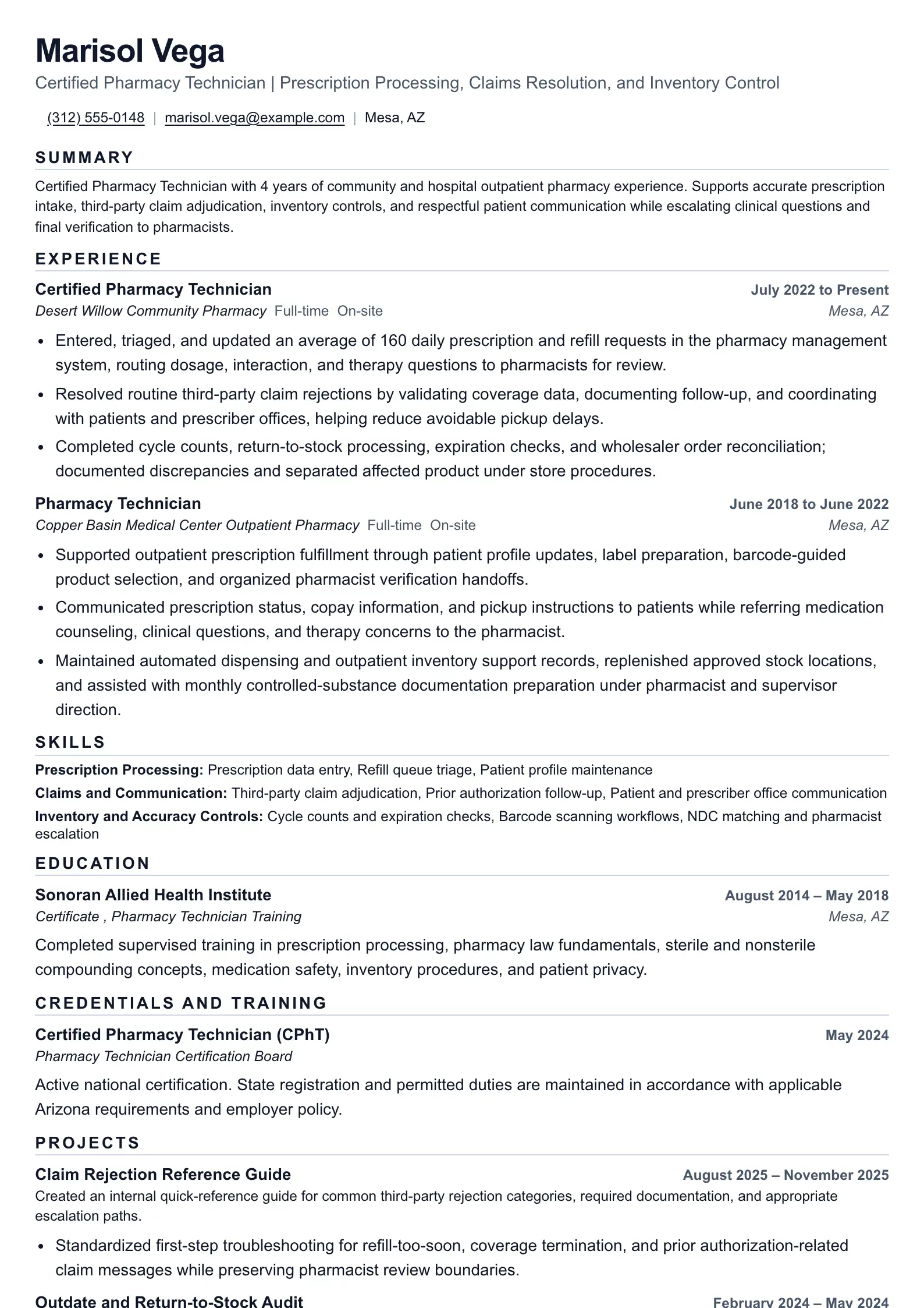 Pharmacy Technician resume structure