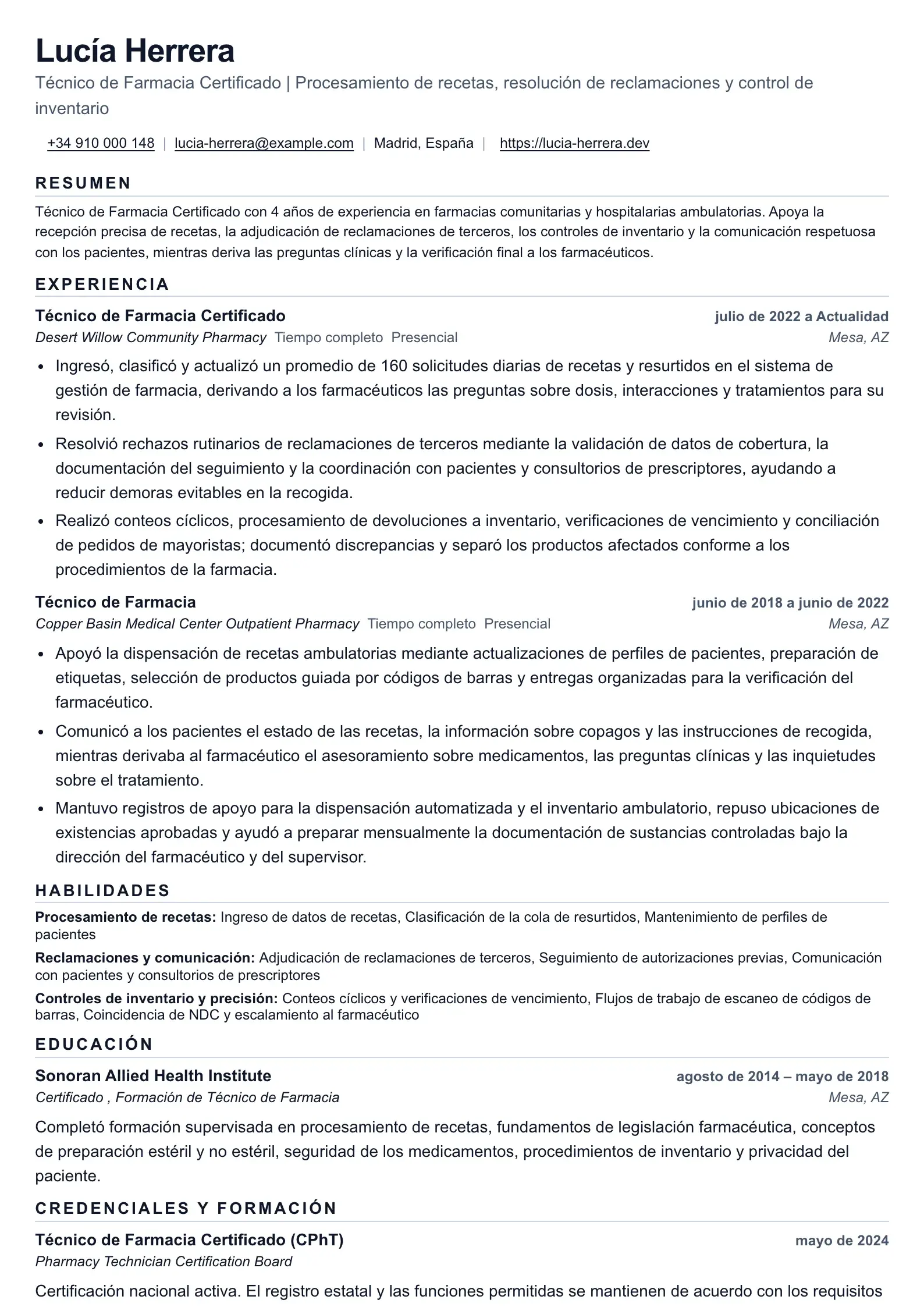 Estructura de currículum para Técnico de Farmacia